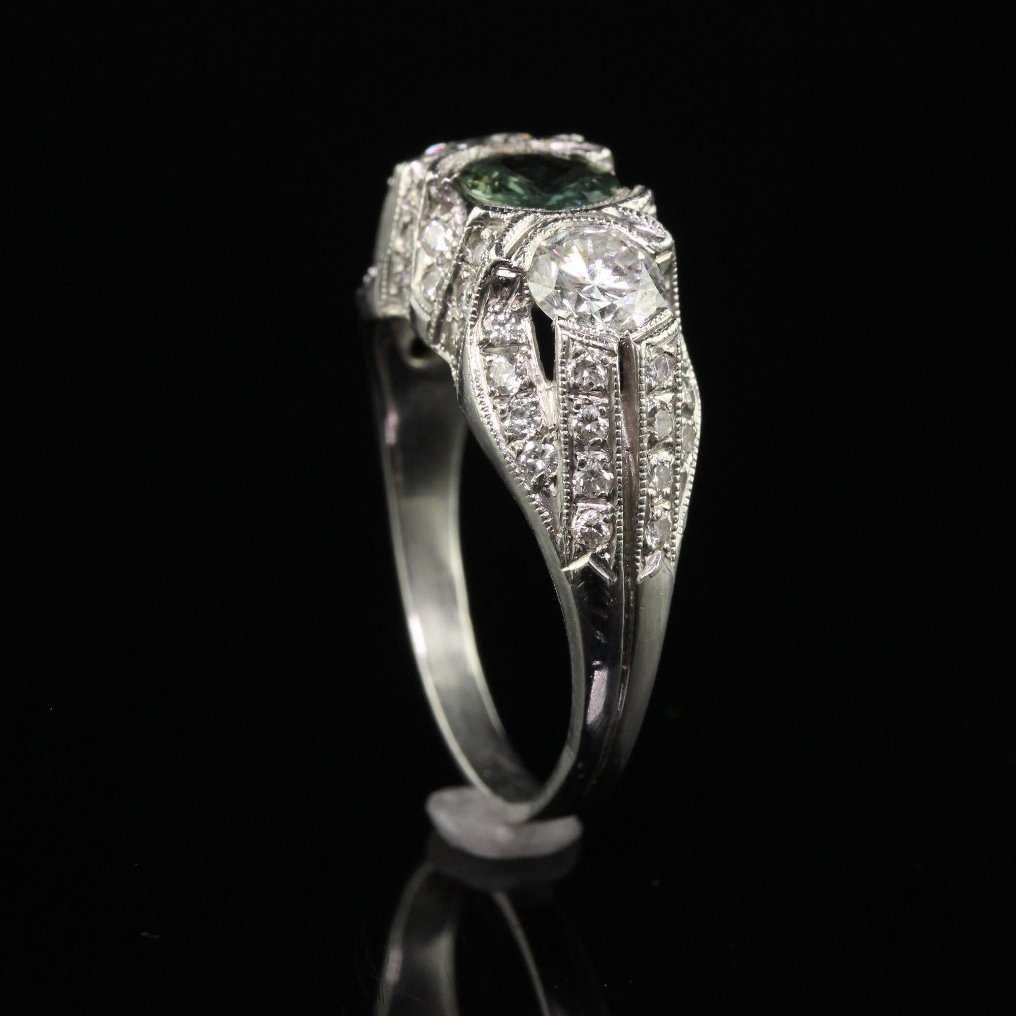 Vintage Estate Retro Platinum Diamond and Green Sapphire Three Stone Ring For Sale 4