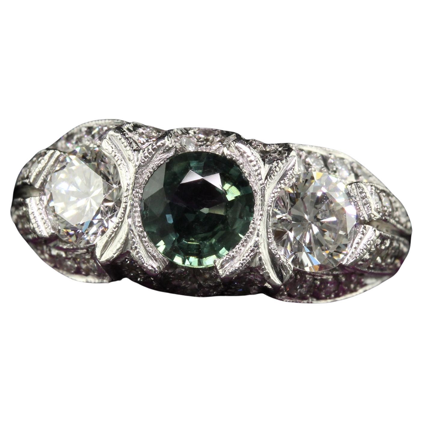 Vintage Estate Retro Platinum Diamond and Green Sapphire Three Stone Ring For Sale