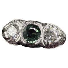 Used Estate Retro Platinum Diamond and Green Sapphire Three Stone Ring