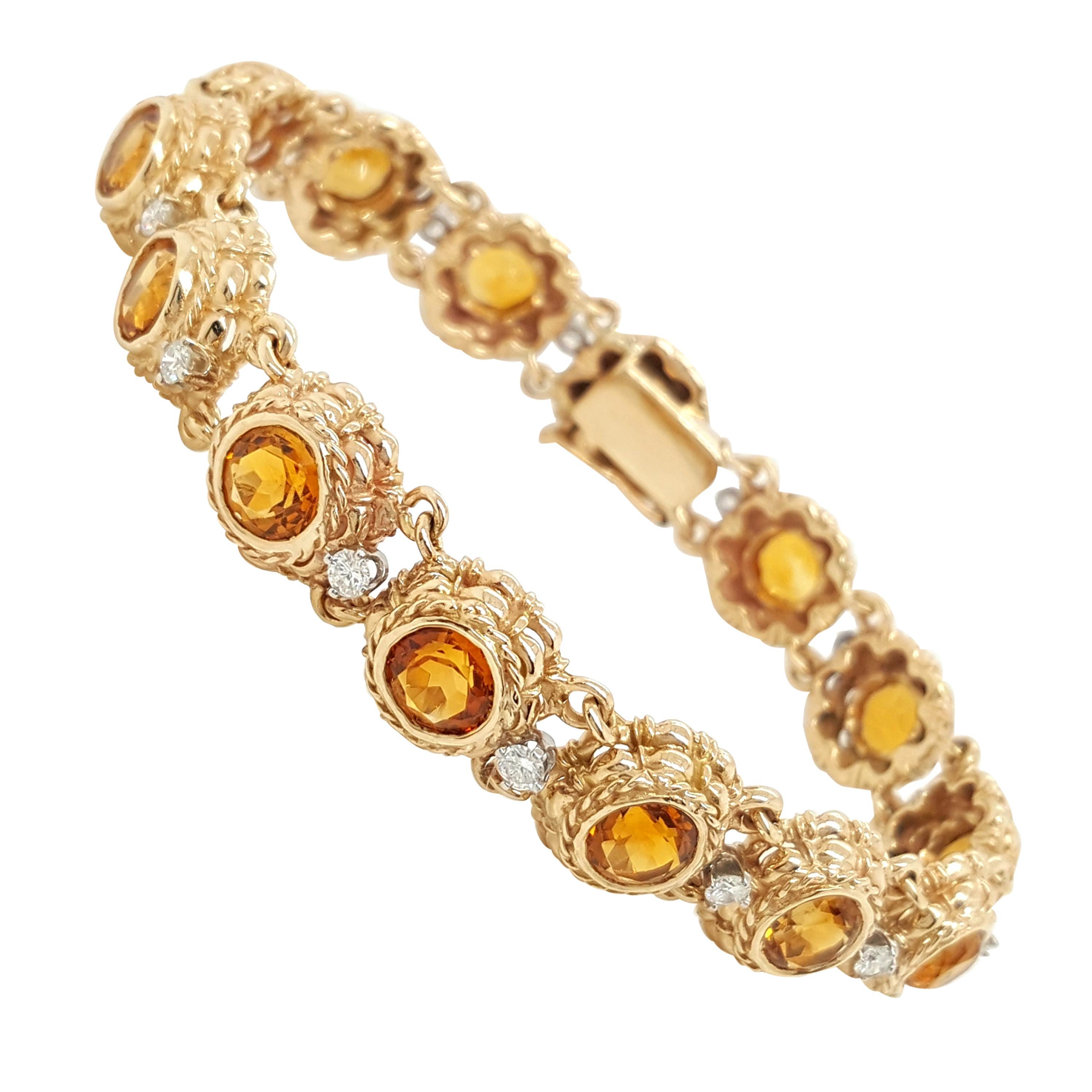 Vintage Estate Round Cut Citrine and Diamond 14 Karat Yellow Gold Bracelet