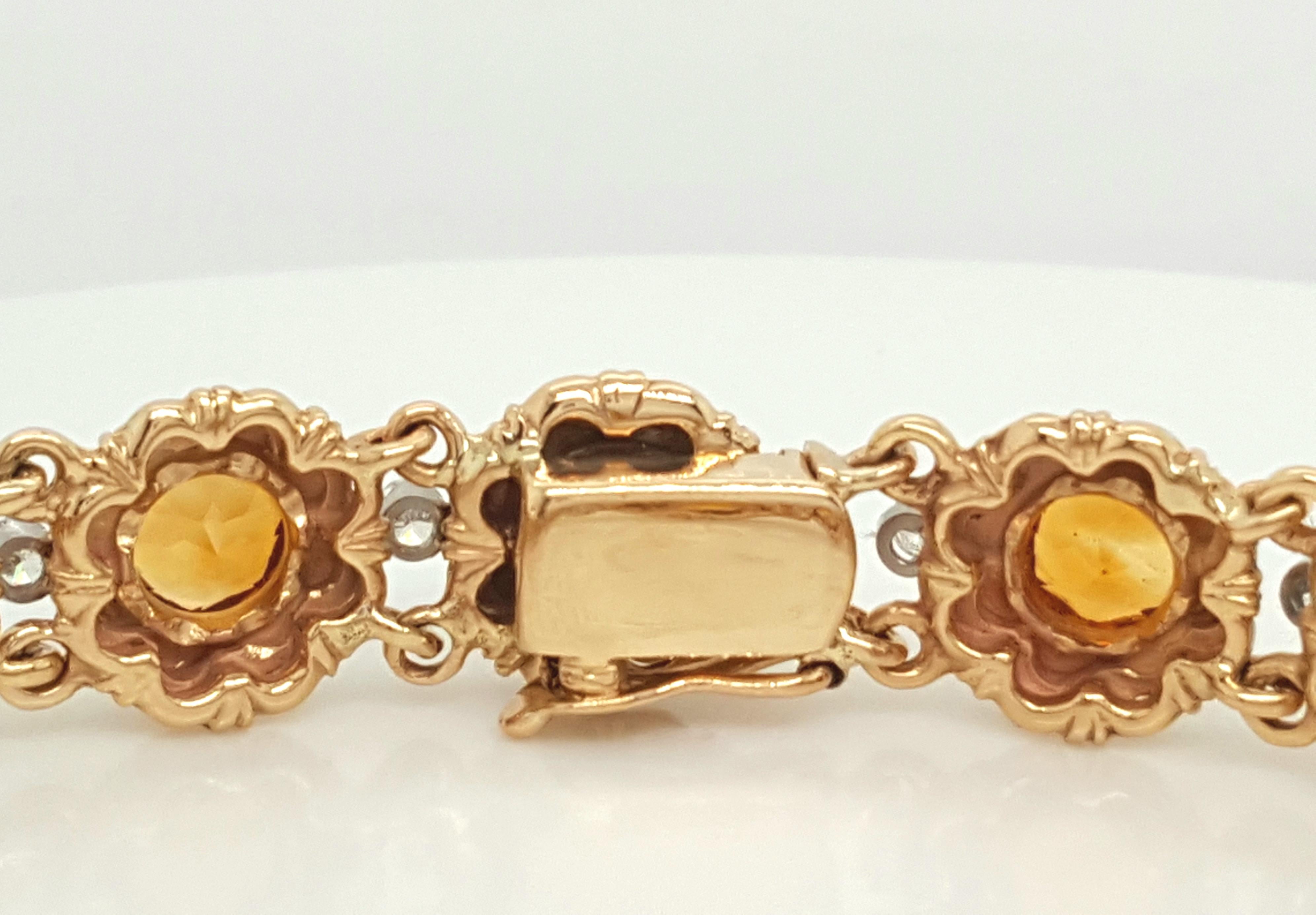 Art Deco Vintage Estate Round Cut Citrine and Diamond 14 Karat Yellow Gold Bracelet