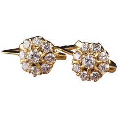 Vintage Estate Russian 18 Karat Yellow Gold Diamond Cluster Earrings