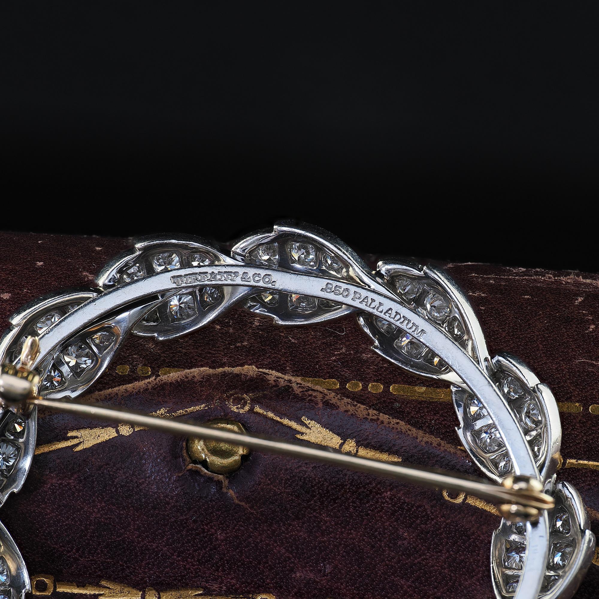 Round Cut Vintage Estate Tiffany and Co Platinum and Gold Diamond Wreath Pin Brooch For Sale