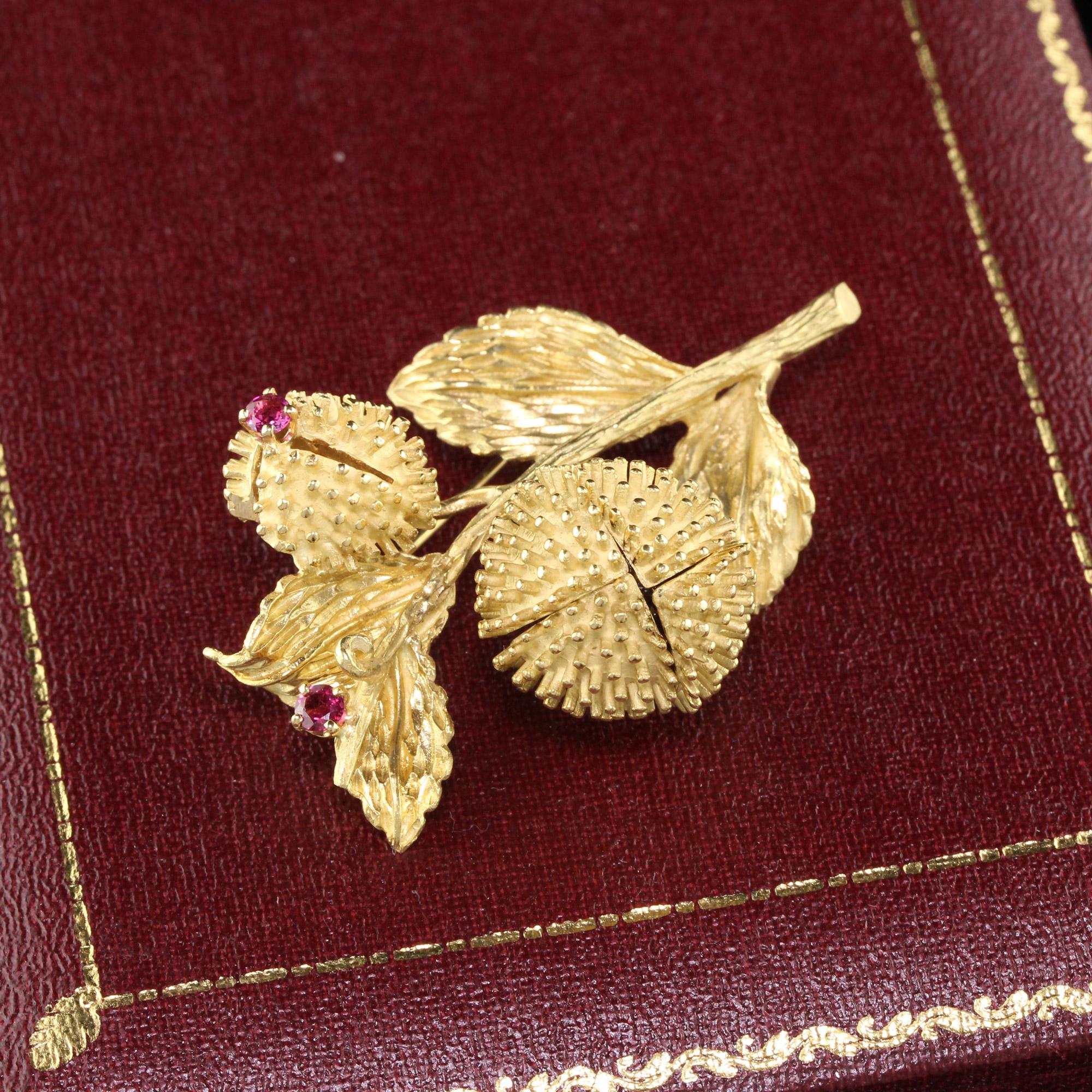 Retro Vintage Estate Tiffany & Co. 18 Karat Yellow Gold Ruby and Diamond Flower Brooch