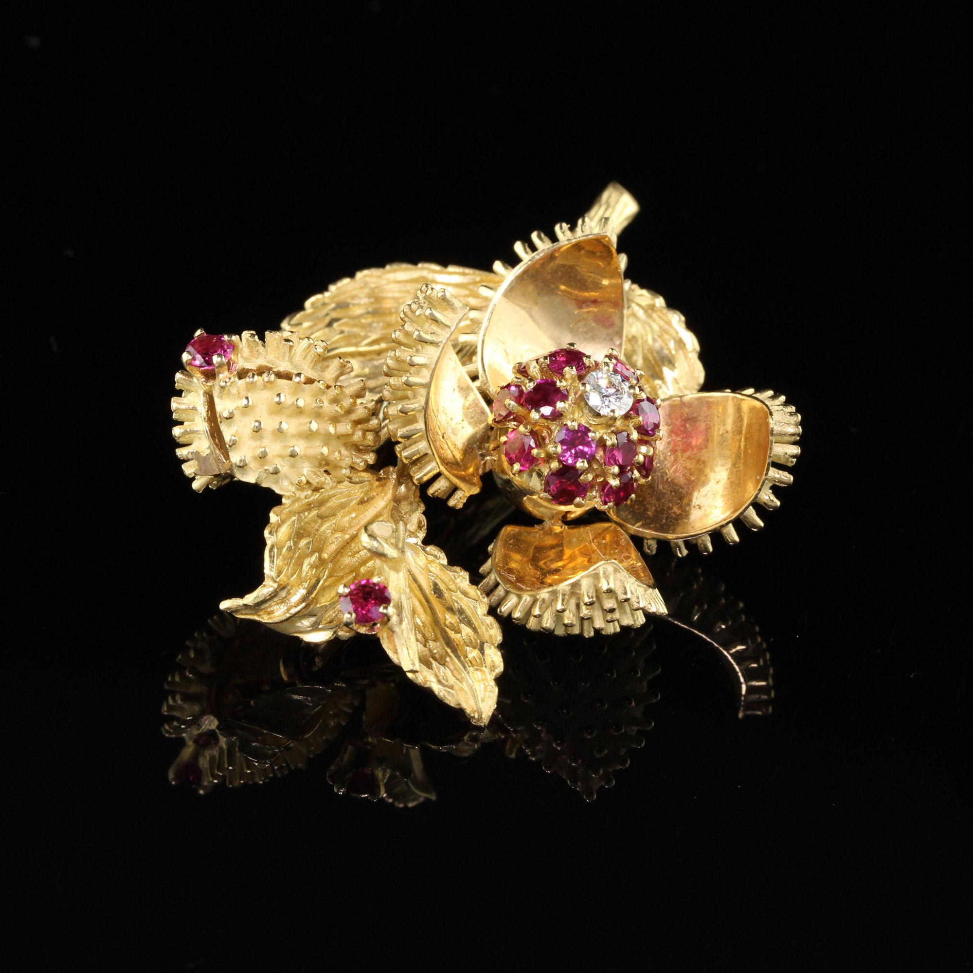 Vintage Estate Tiffany & Co. 18 Karat Yellow Gold Ruby and Diamond Flower Brooch In Good Condition In Great Neck, NY