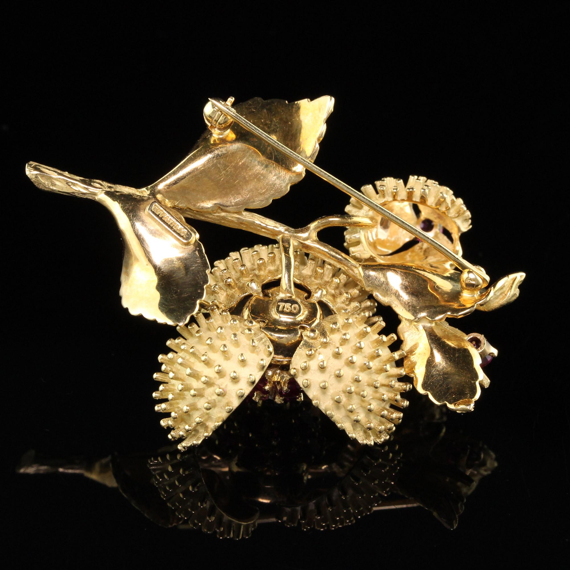 Women's or Men's Vintage Estate Tiffany & Co. 18 Karat Yellow Gold Ruby and Diamond Flower Brooch