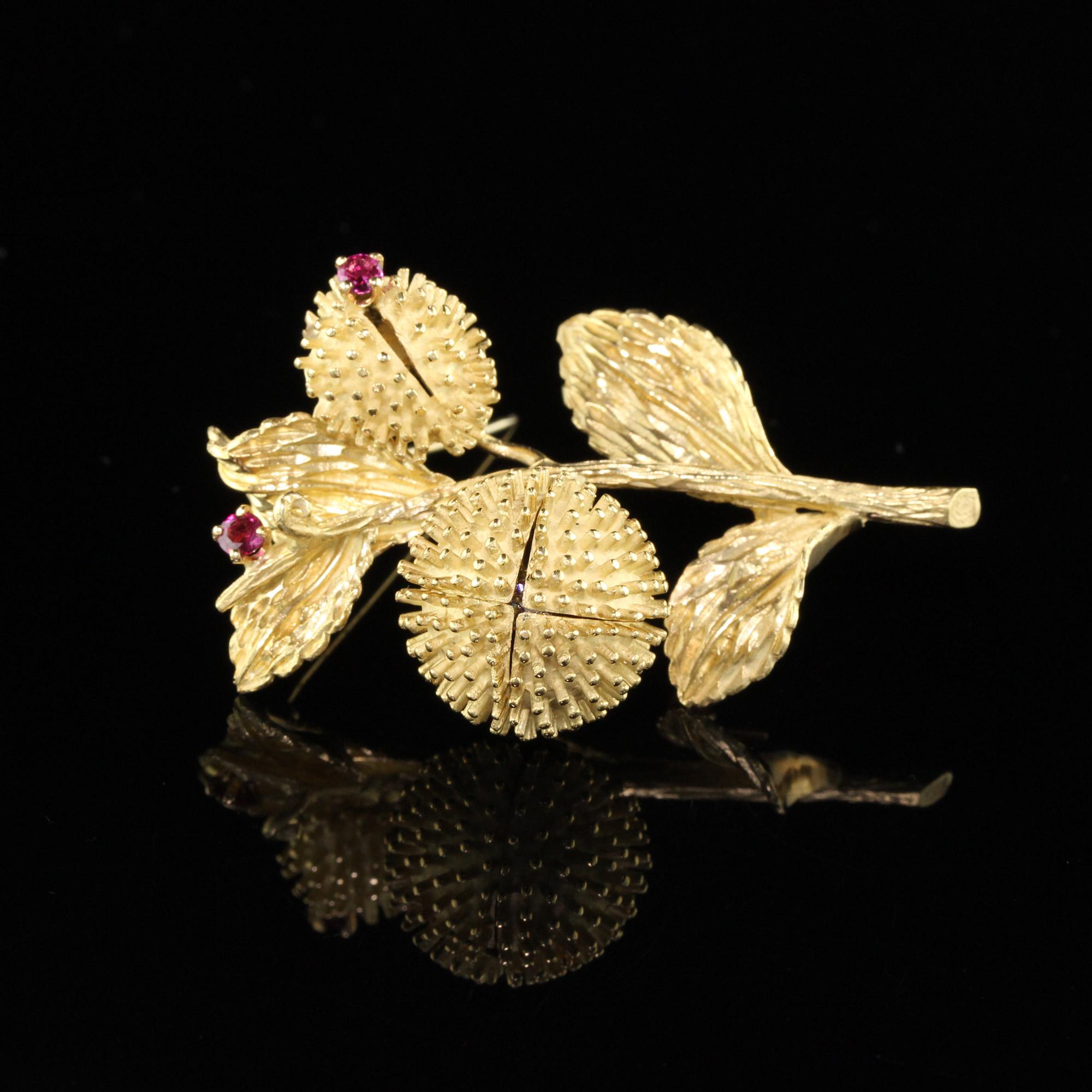 Vintage Estate Tiffany & Co. 18 Karat Yellow Gold Ruby and Diamond Flower Brooch 1