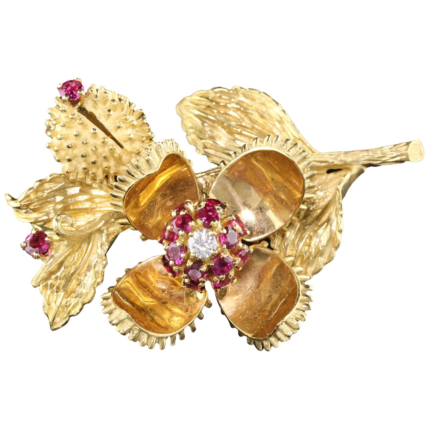 Vintage Estate Tiffany & Co. 18 Karat Yellow Gold Ruby and Diamond Flower Brooch
