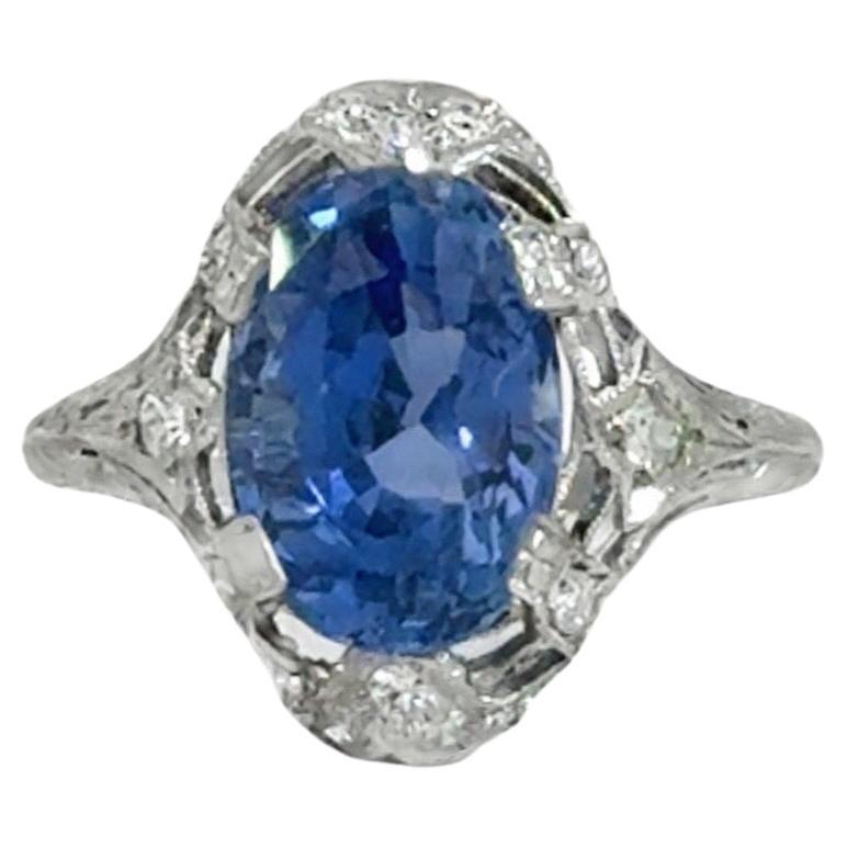 Vintage- Estate Un-Heated GIA Ceylon Sapphire Art Deco Diamond Ring