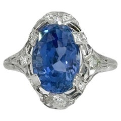 Vintage- Estate Un-Heated GIA Ceylon Sapphire Art Deco Diamond Ring