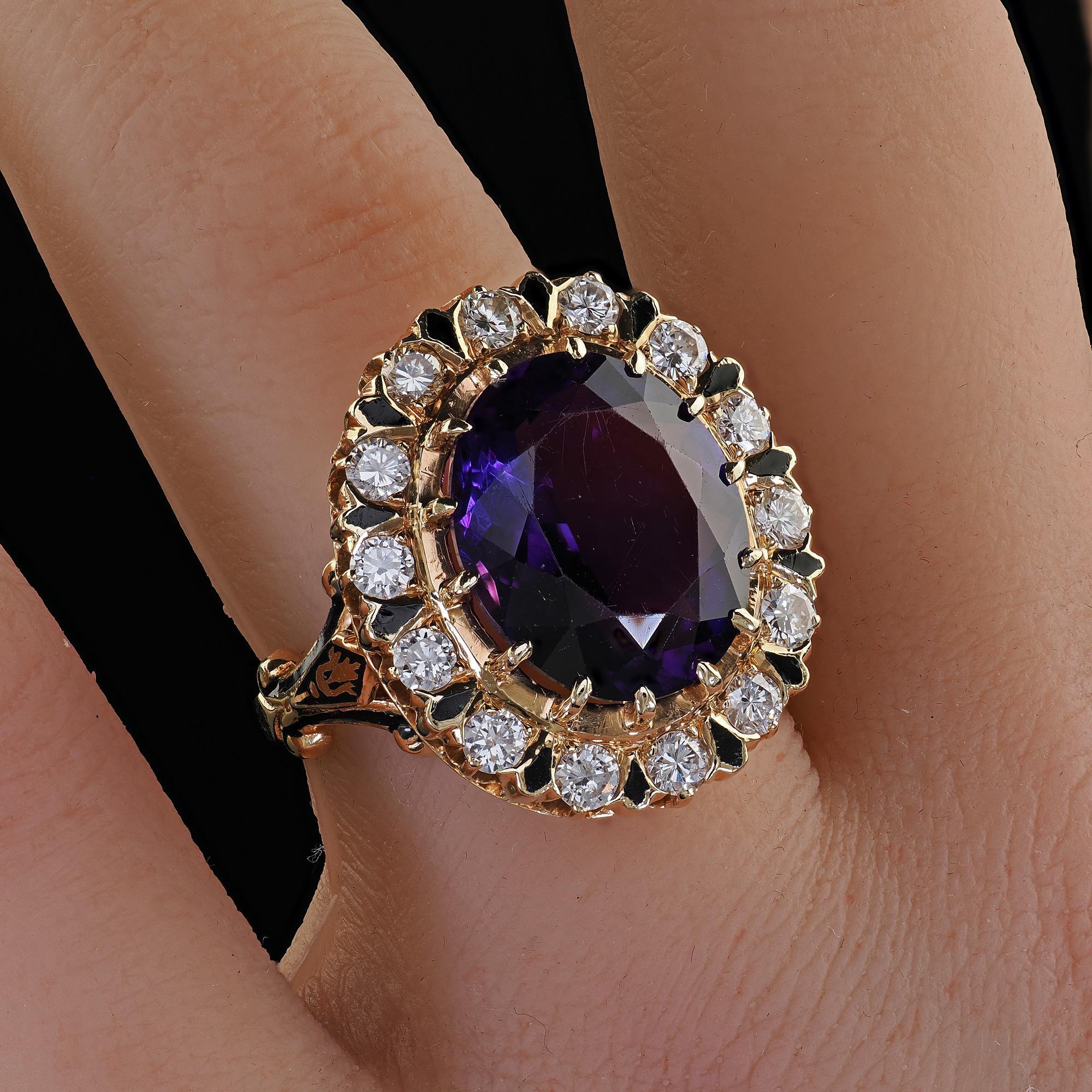Bague cocktail de style néo- victorien vintage, avec améthyste, diamant et émail en vente 4
