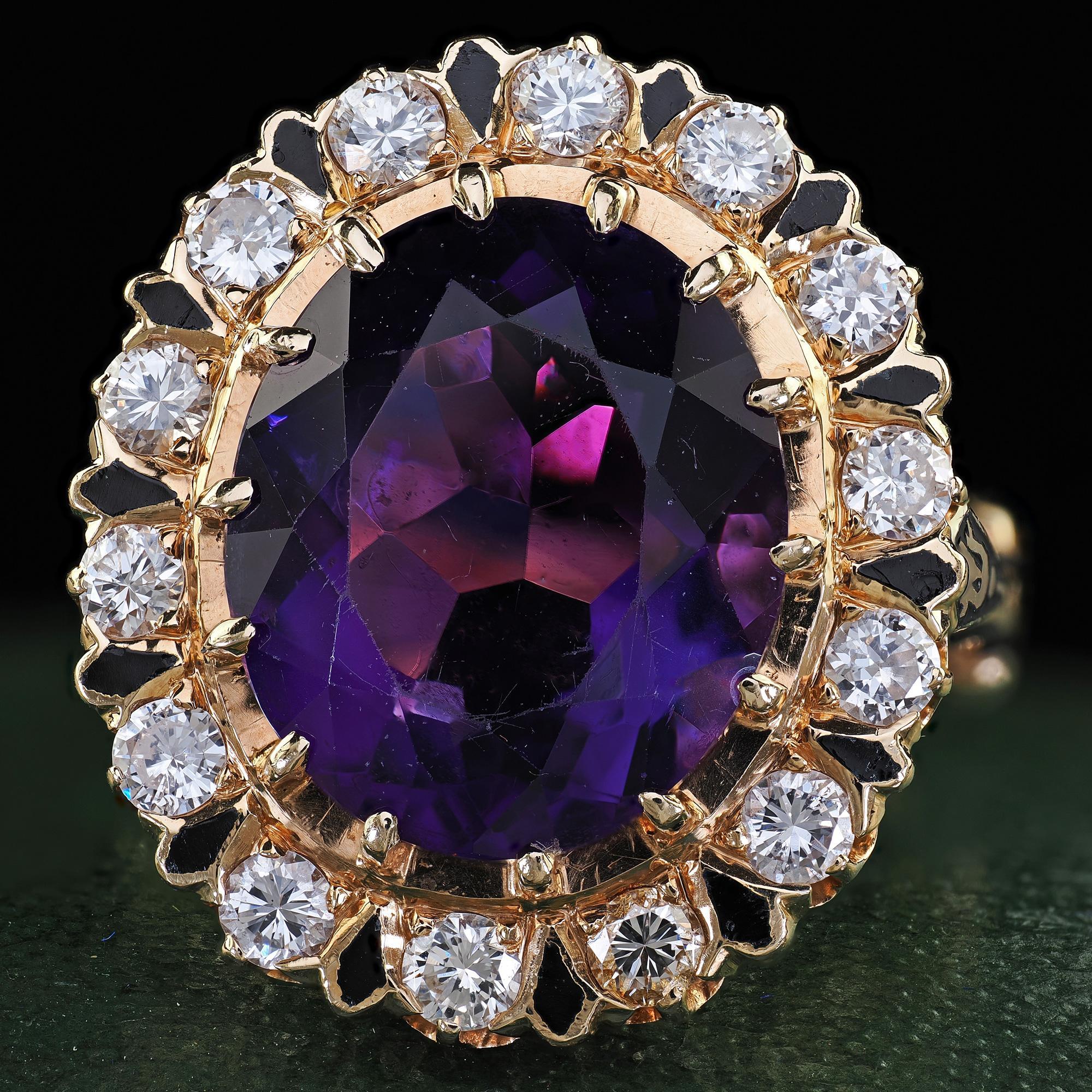 Bague cocktail de style néo- victorien vintage, avec améthyste, diamant et émail Pour femmes en vente