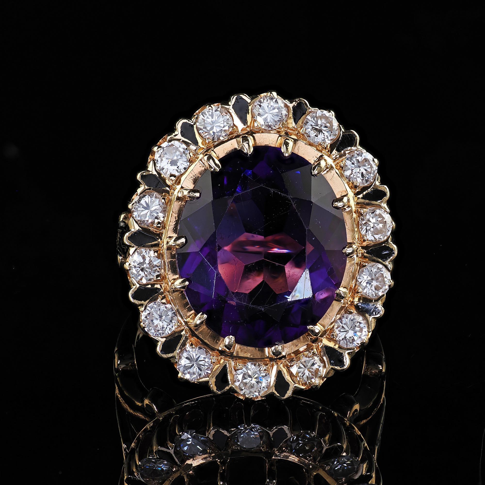 Bague cocktail de style néo- victorien vintage, avec améthyste, diamant et émail en vente 1