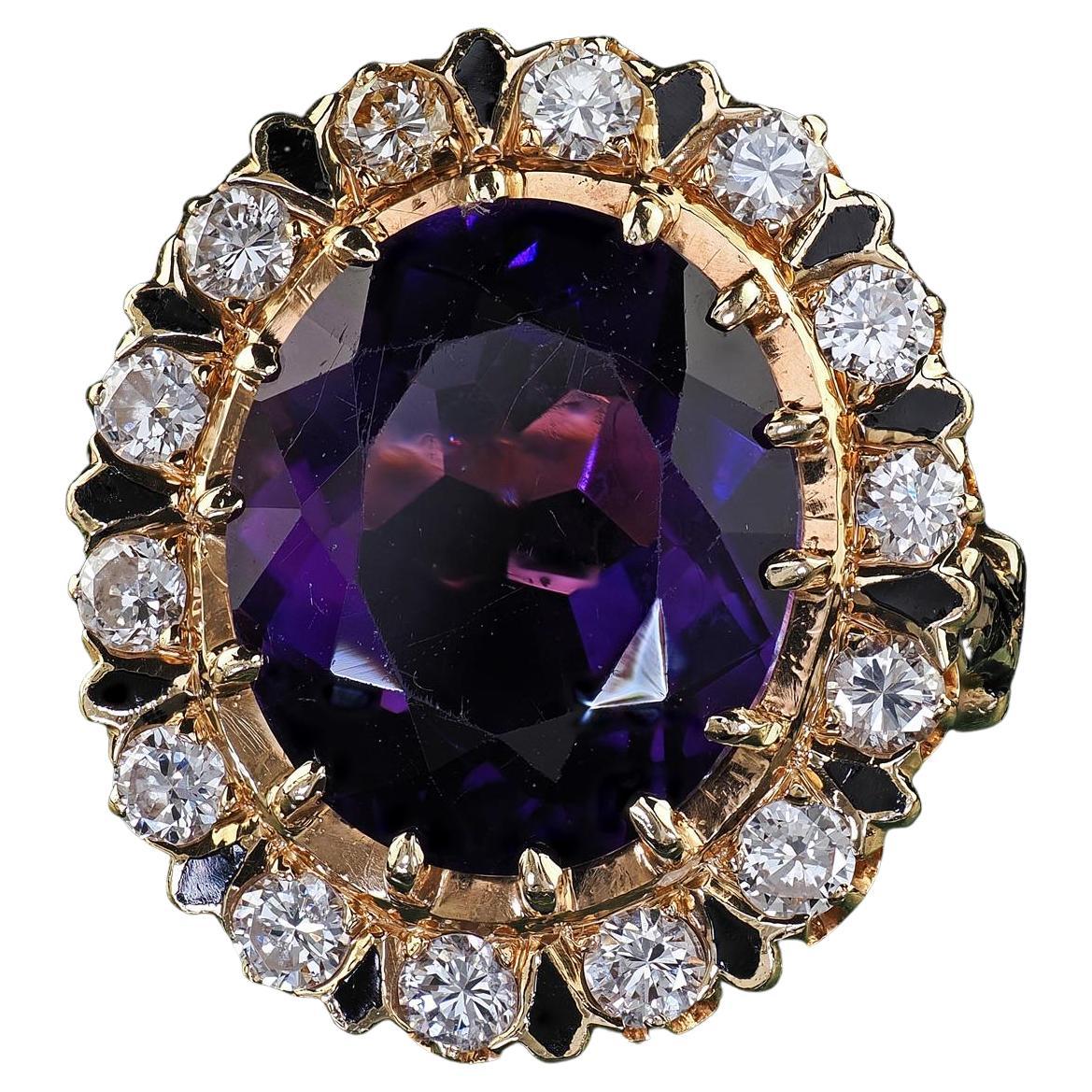 Vintage Estate Victorian Revival Amethyst Diamond and Enamel Cocktail Ring