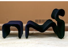 Vintage "Etcetera" Designer Upholstered Lounge Chair With Ottoman In Dark Blue