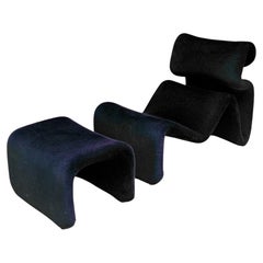 Vintage "Etcetera" Designer Upholstered Lounge Chair With Ottoman In Dark Blue