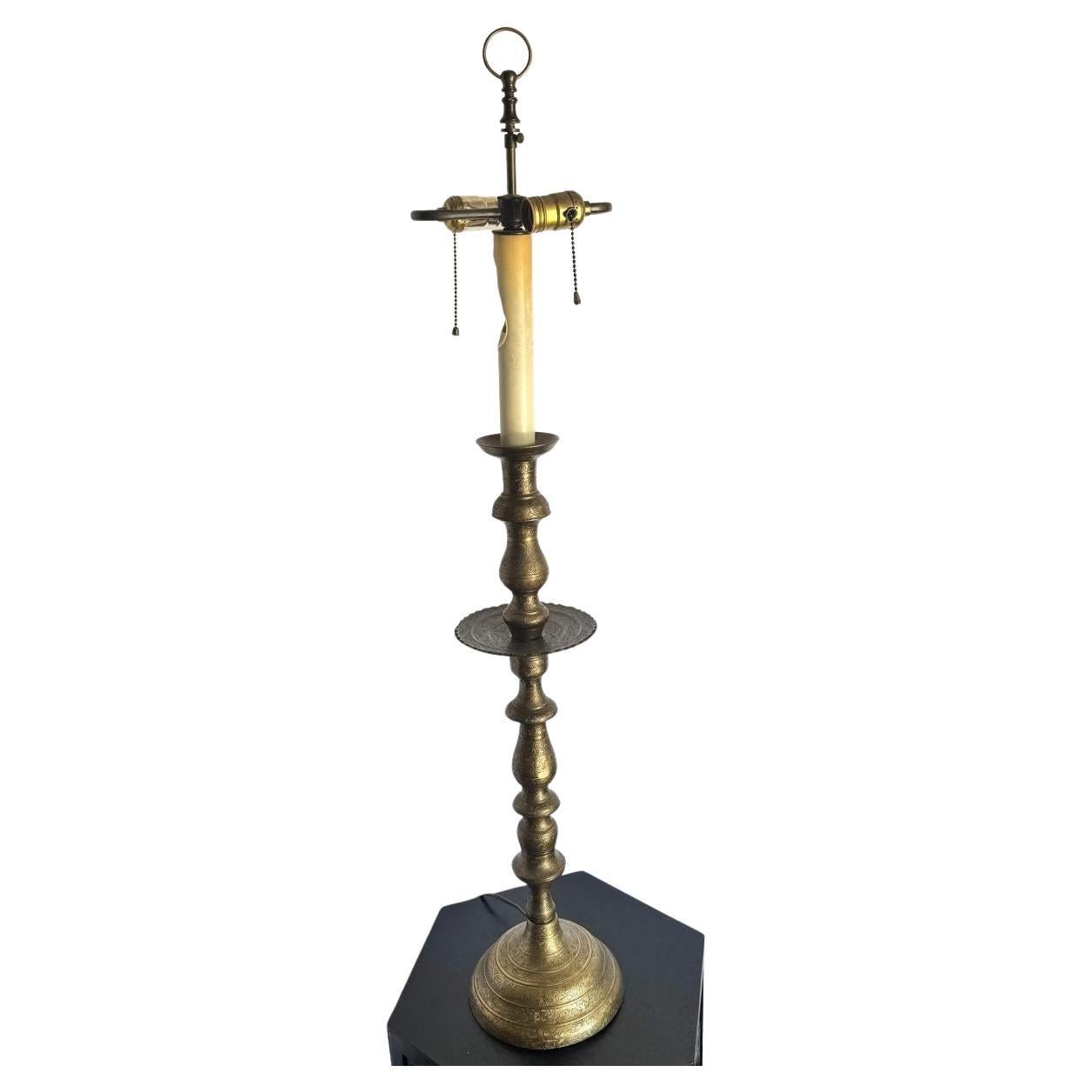Vintage Etched Brass Candlestick Table Lamp For Sale