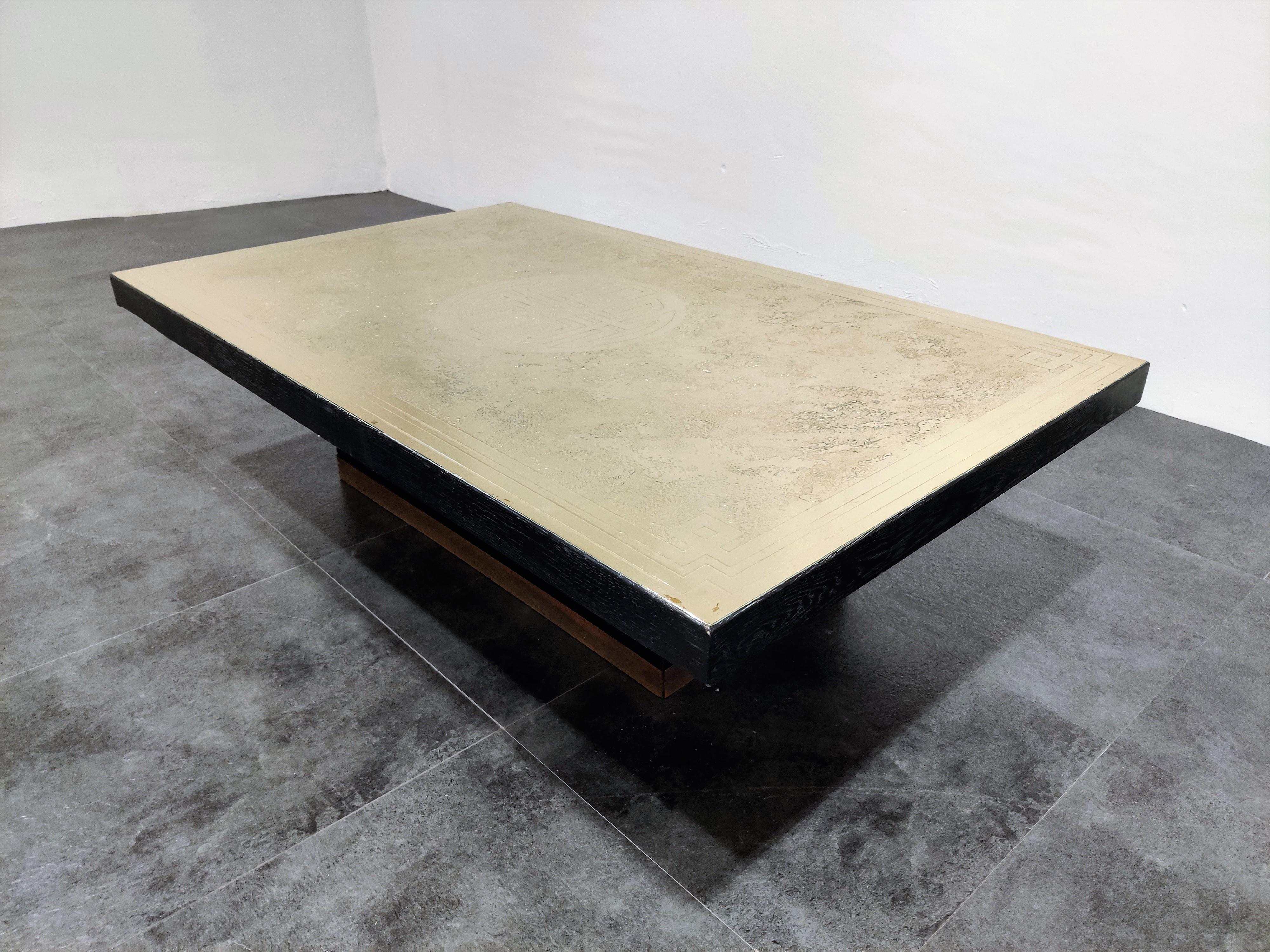 Rectangular coffee table with a brass etched top by Albert Verneuil mounted on a black lacquered wooden base.

Signed by the artist.

Beautiful and rare piece very much like the tables from other artists like Fernand Dresse, Georges Mathias,