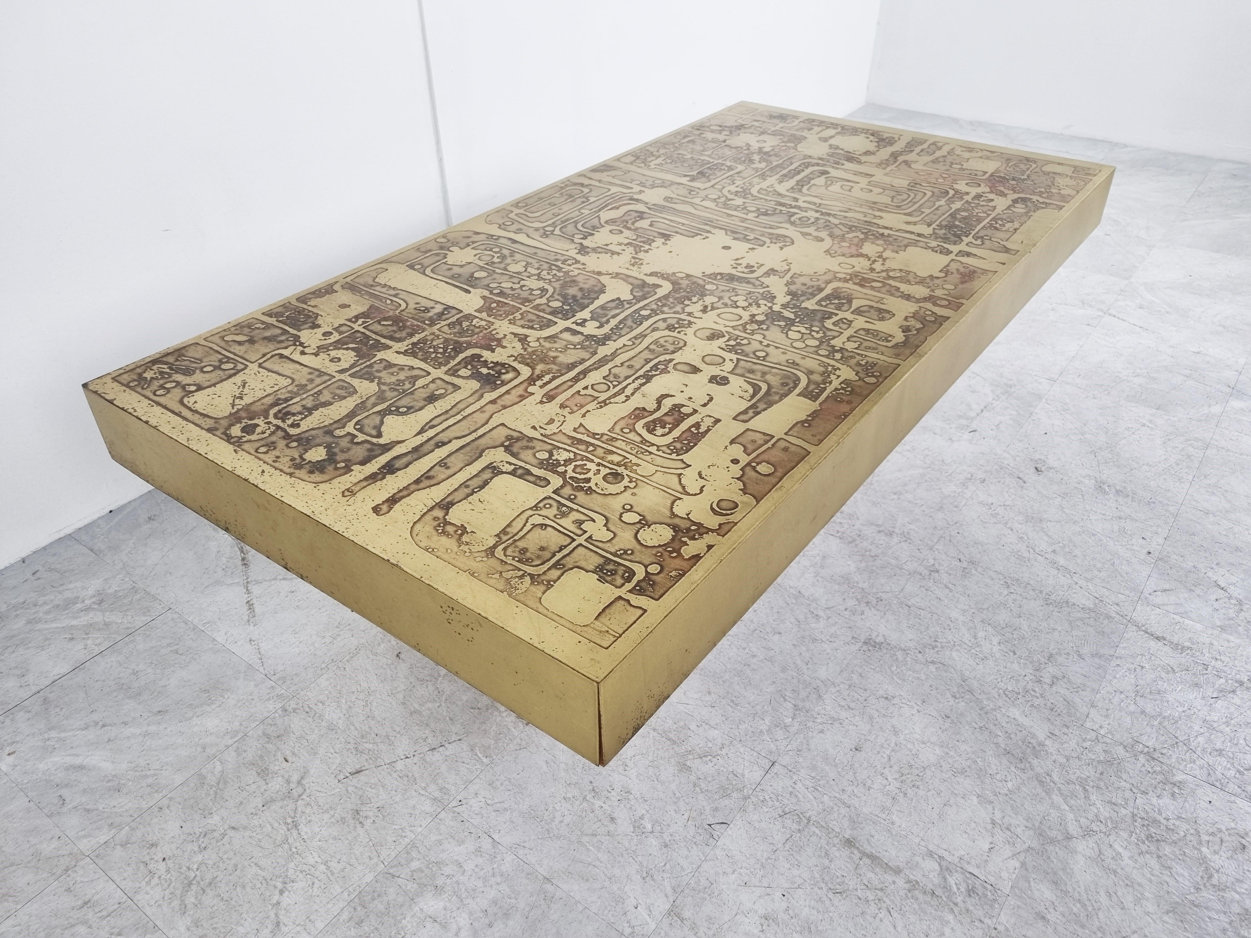 Vintage Etched Brass Coffee Table by Bernhard Rohne, 1970s In Good Condition In HEVERLEE, BE