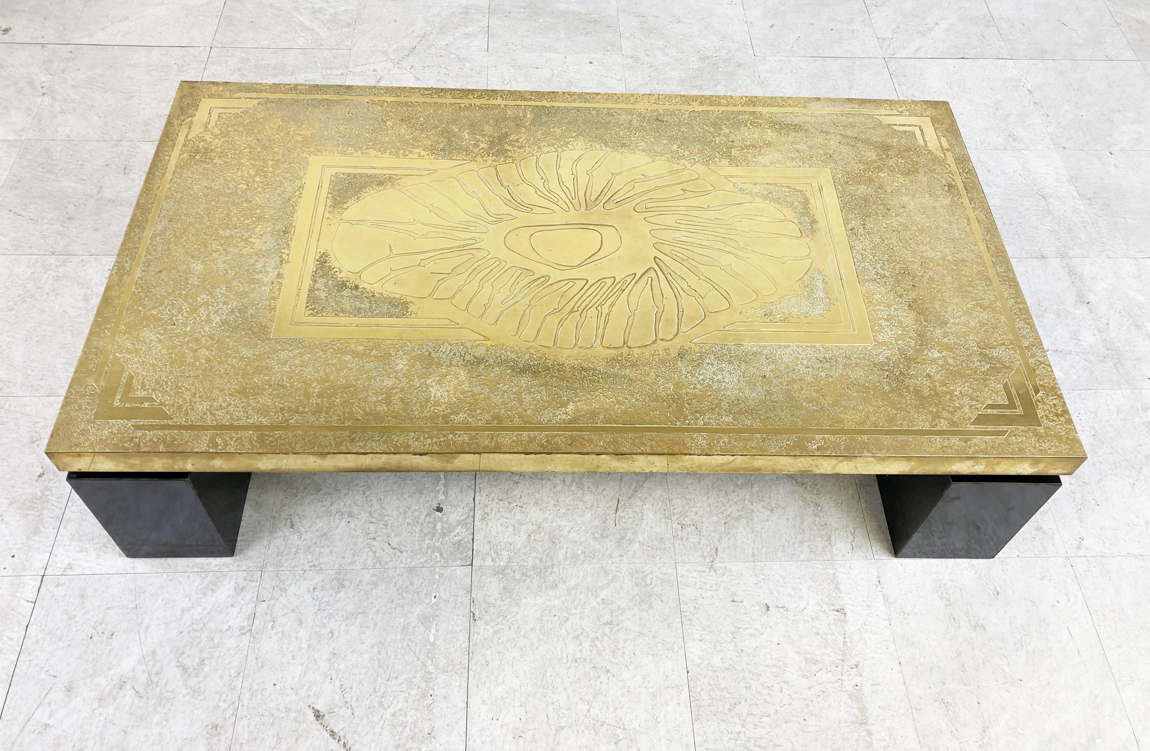 Hollywood Regency Vintage Etched Brass Coffee Table by Georges Mathias, 1970s
