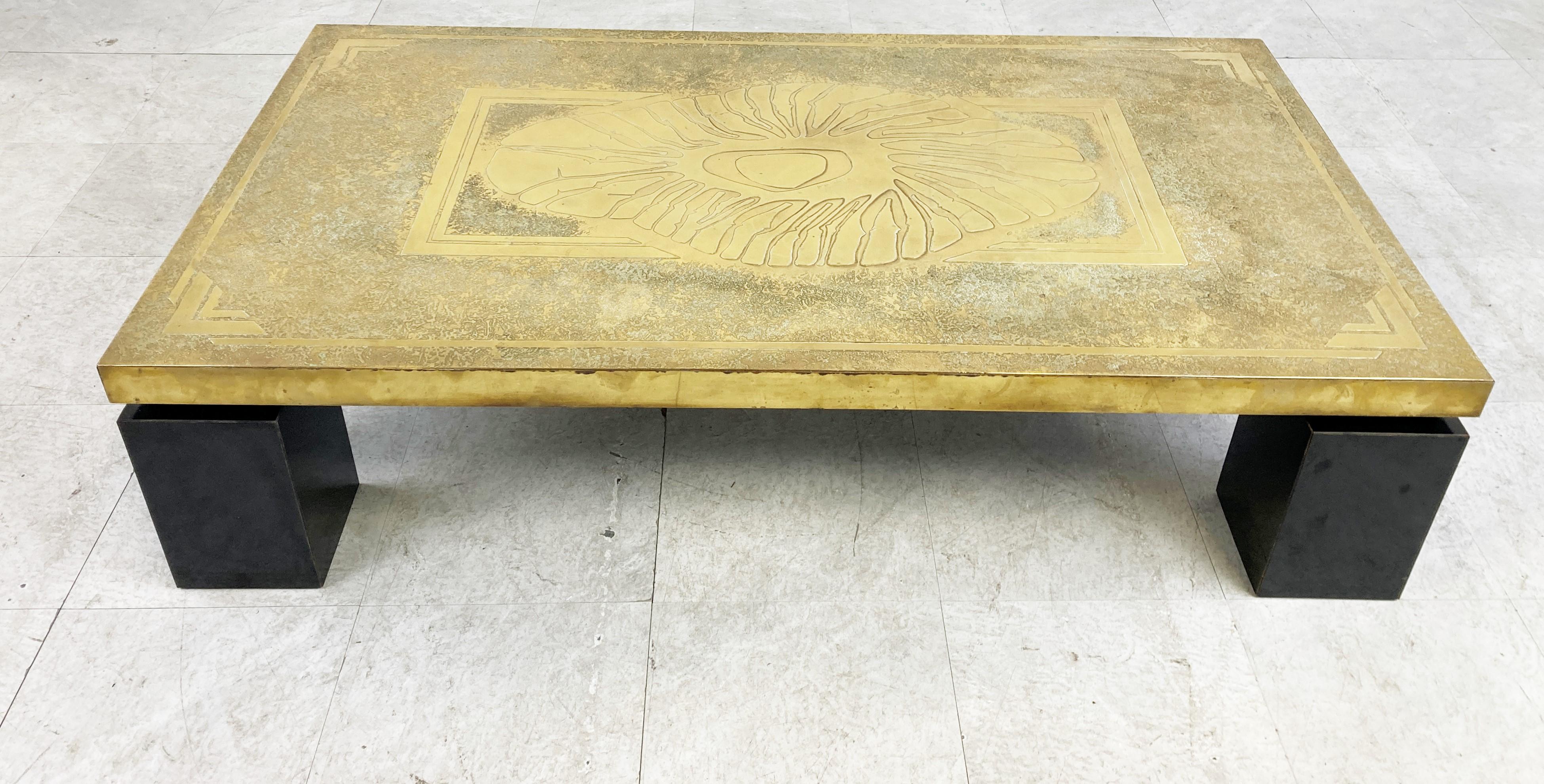 Belgian Vintage Etched Brass Coffee Table by Georges Mathias, 1970s