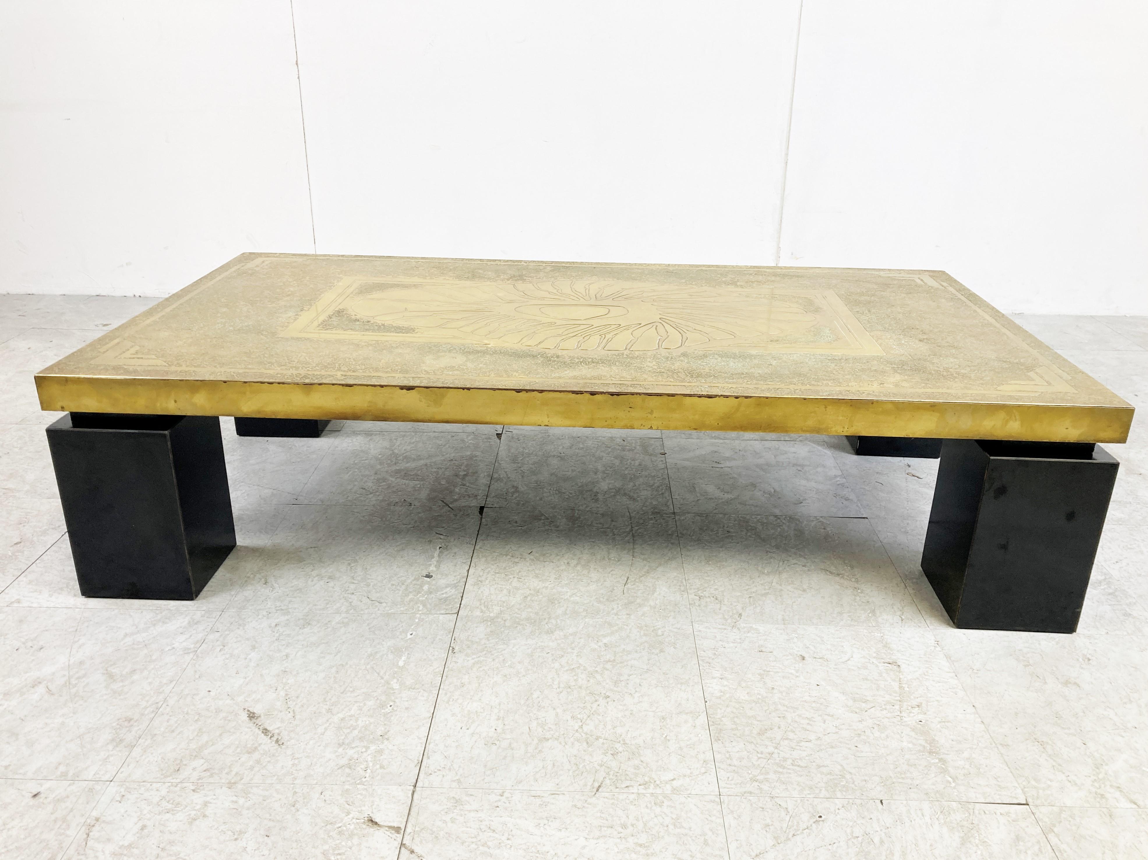 Lacquered Vintage Etched Brass Coffee Table by Georges Mathias, 1970s