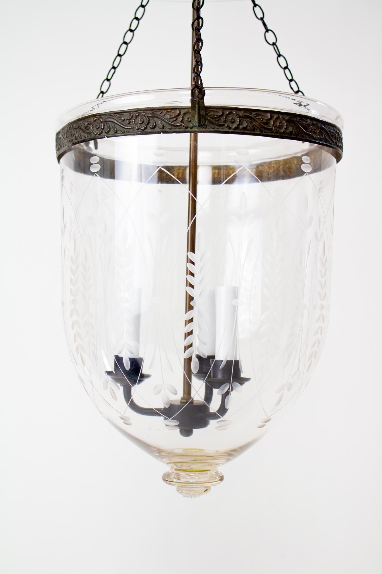 Indian Vintage Etched Glass Bell Jar with Antique Brass Finish