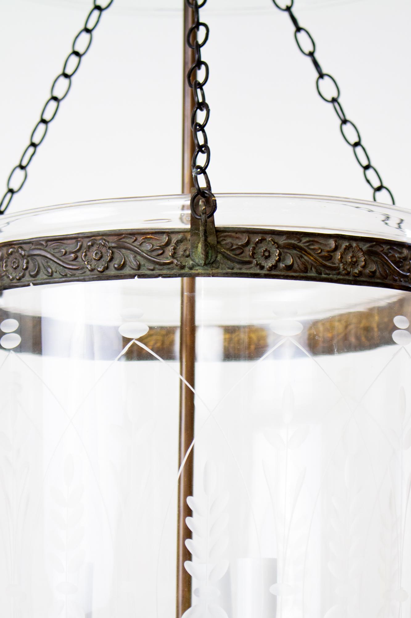 Vintage Etched Glass Bell Jar with Antique Brass Finish 3