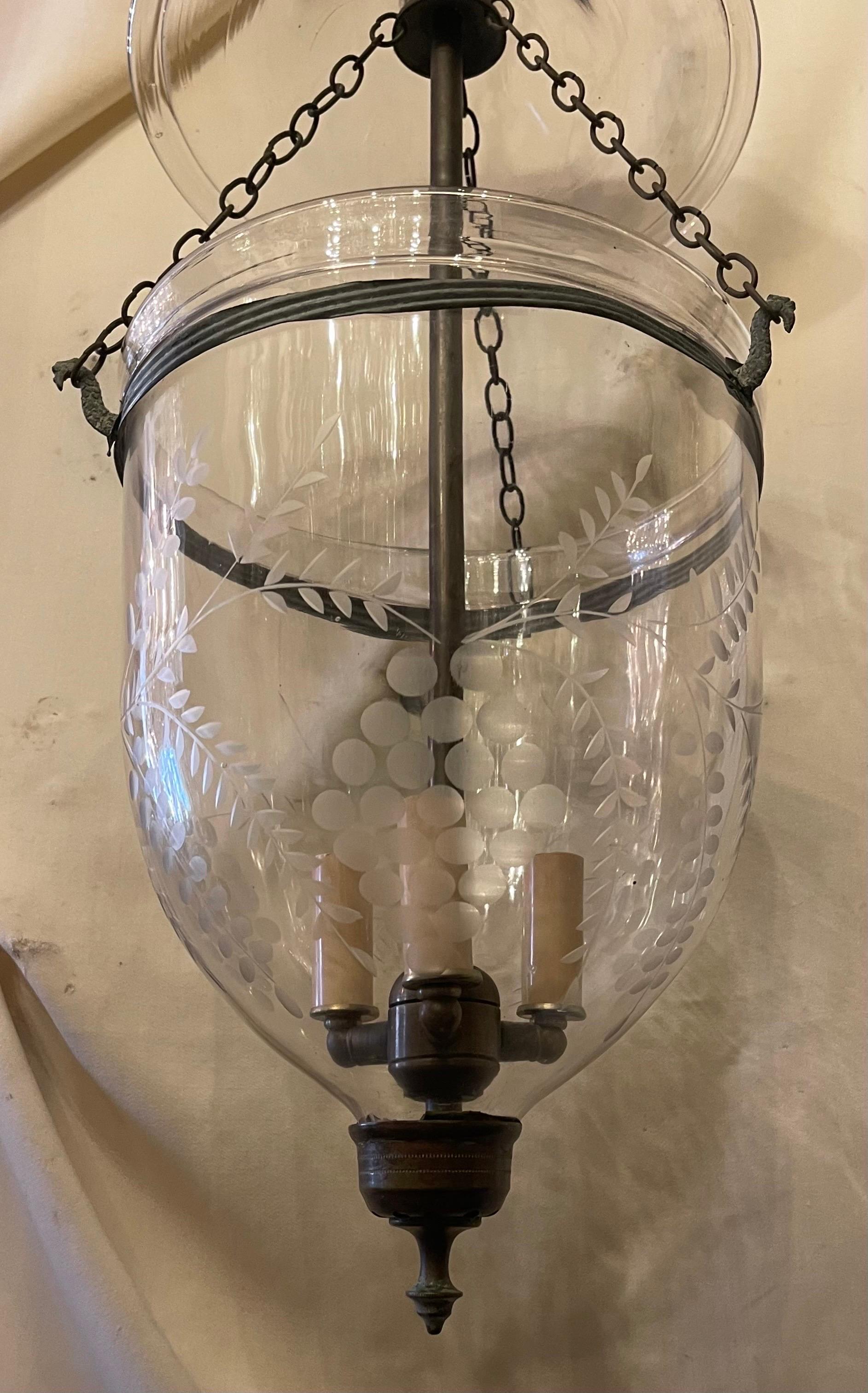 A Vintage Etched Glass Leaves Grape Vine Pattern Bell Jar Lantern With Oxidized Brass Hardware, In The Manner Of Vaughan This Fixture Has 3 Candelabra Internal Lights And Comes Ready To Install With Chain Canopy And Mounting Hardware.