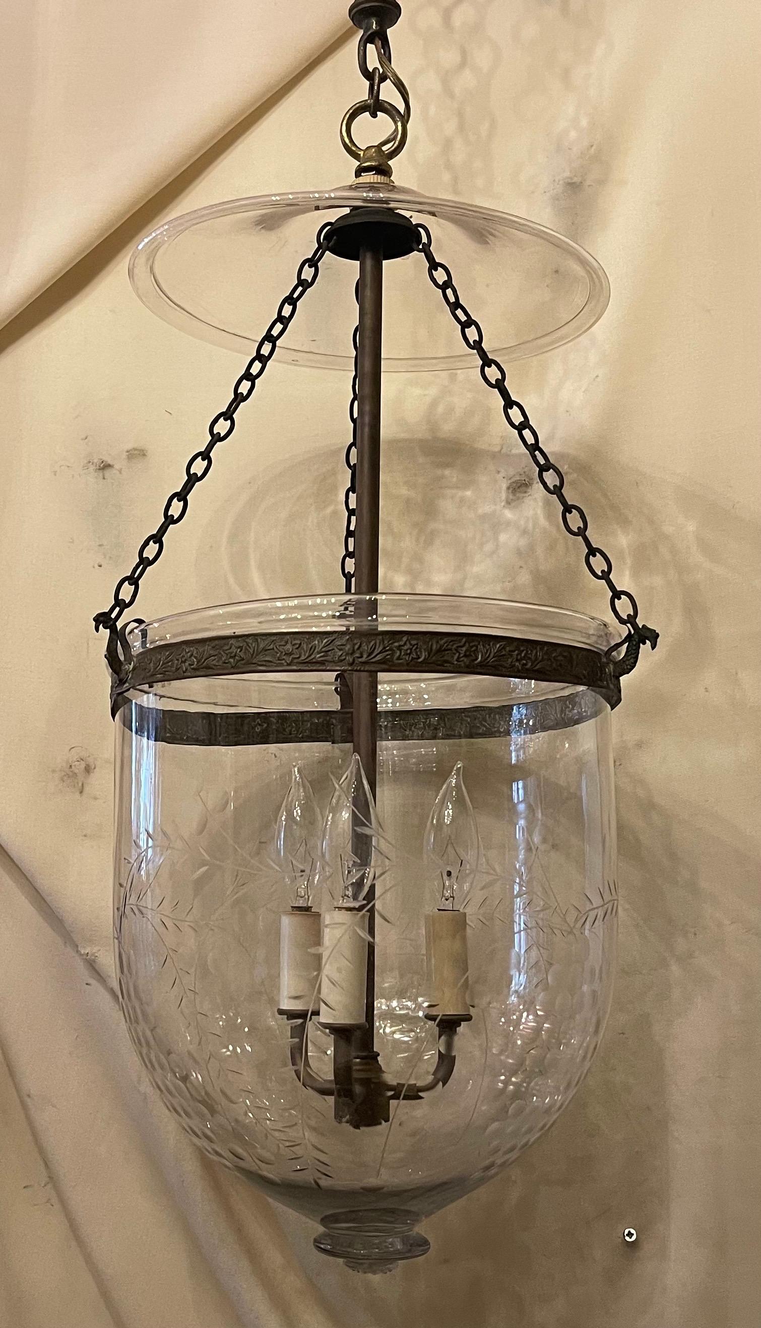 Vintage Etched Glass Leaves Grape Vine Bell Jar Lantern Brass Vaughan