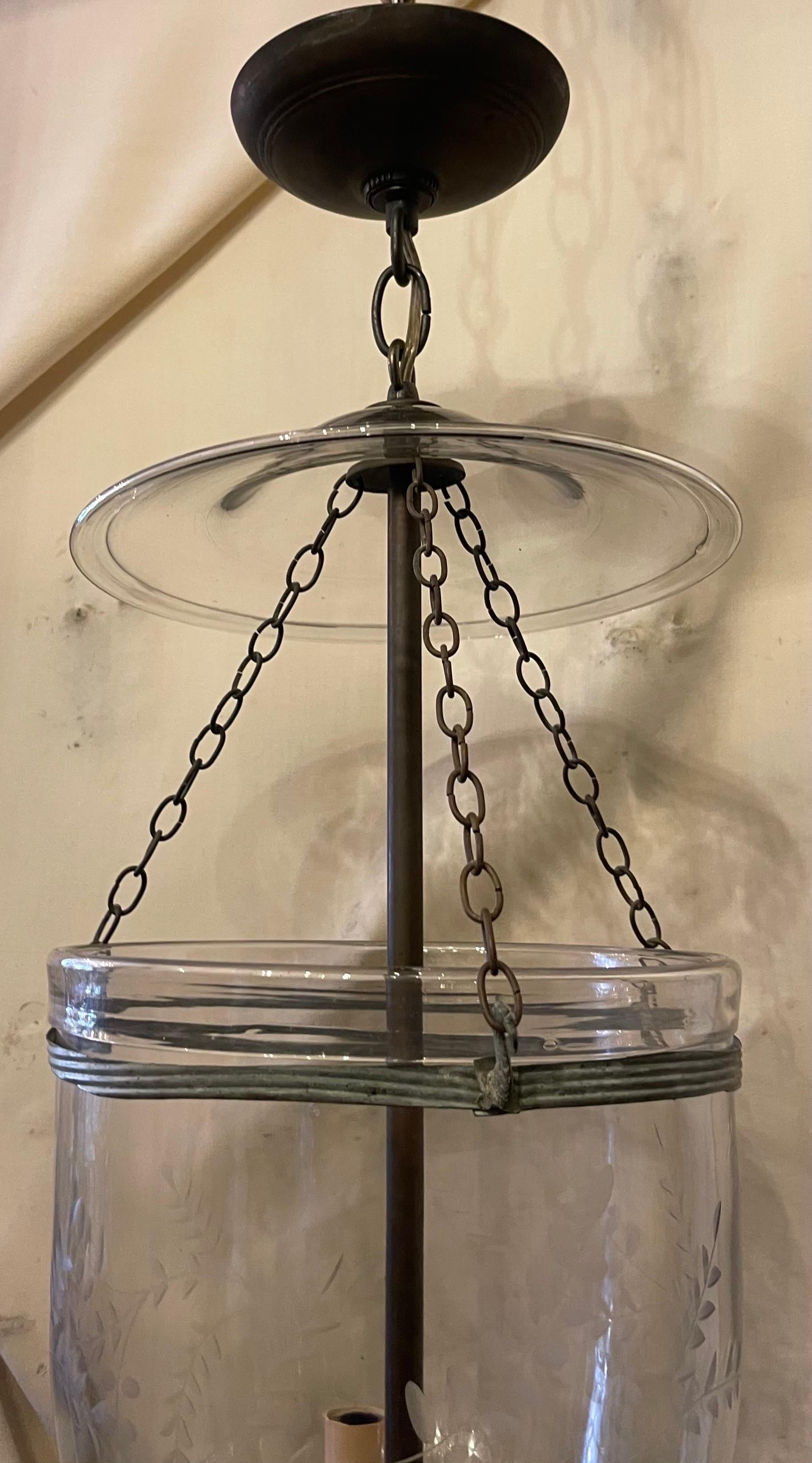 Regency Vintage Etched Glass Leaves Grape Vine Bell Jar Lantern Brass Vaughan Fixture For Sale
