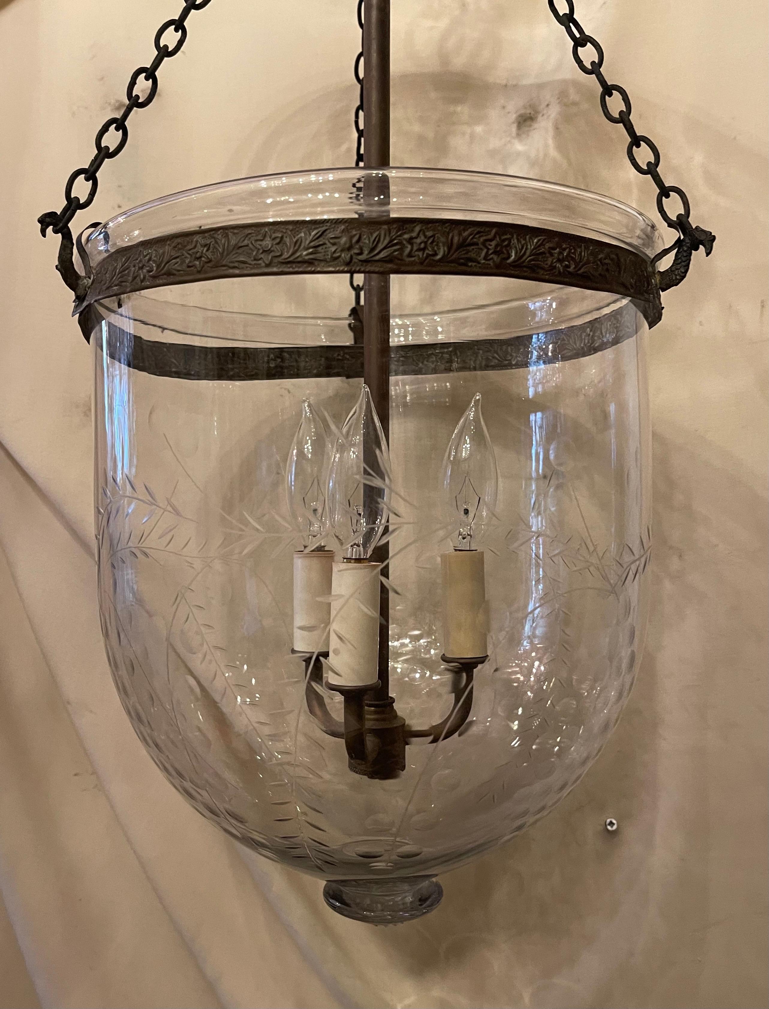 Regency Vintage Etched Glass Leaves Grape Vine Bell Jar Lantern Brass Vaughan Fixture