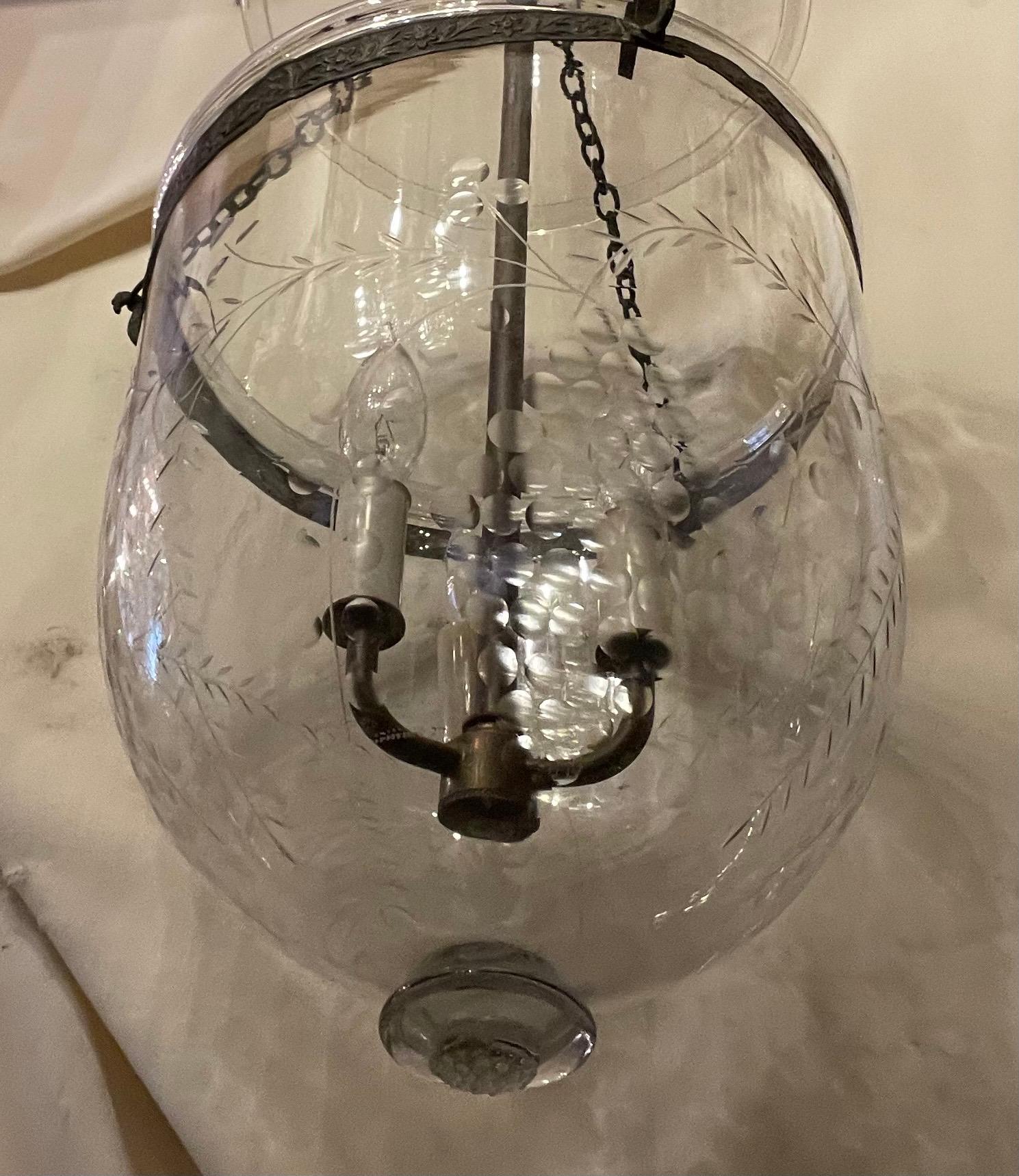 20th Century Vintage Etched Glass Leaves Grape Vine Bell Jar Lantern Brass Vaughan Fixture
