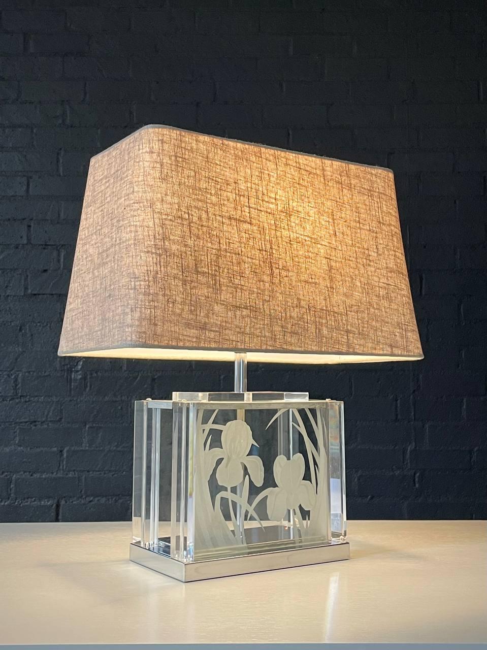Condition: New Shade, Original Wiring
Materials: Etched Glass, Lucite, Polished Chrome, New Shade

Dimensions:
21”H x 9.50”W x 6”D
Shade:
10