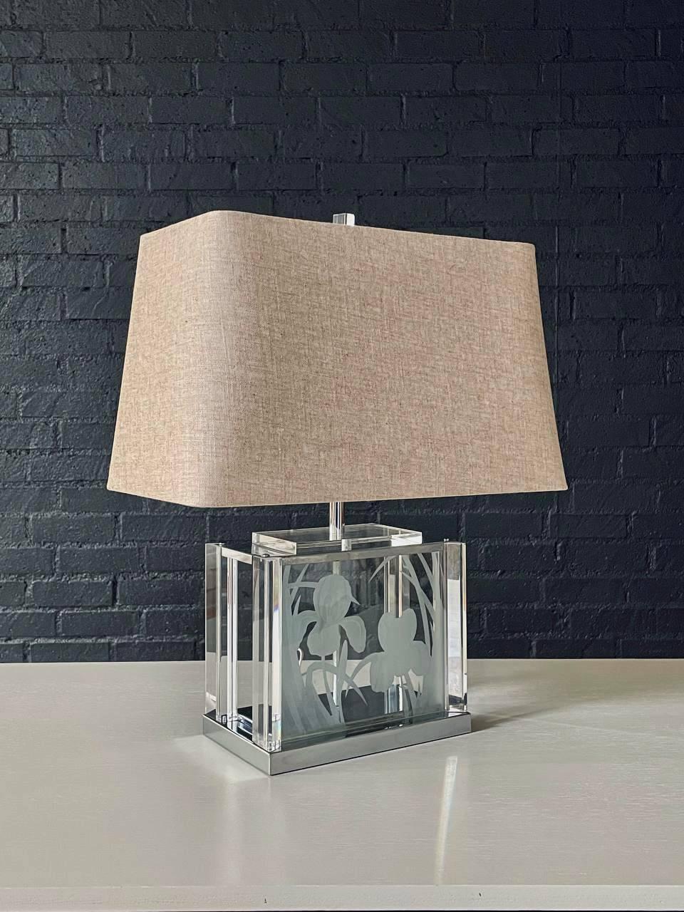 Hollywood Regency Vintage Etched Glass & Lucite Table Lamp by Fredrick Ramond For Sale