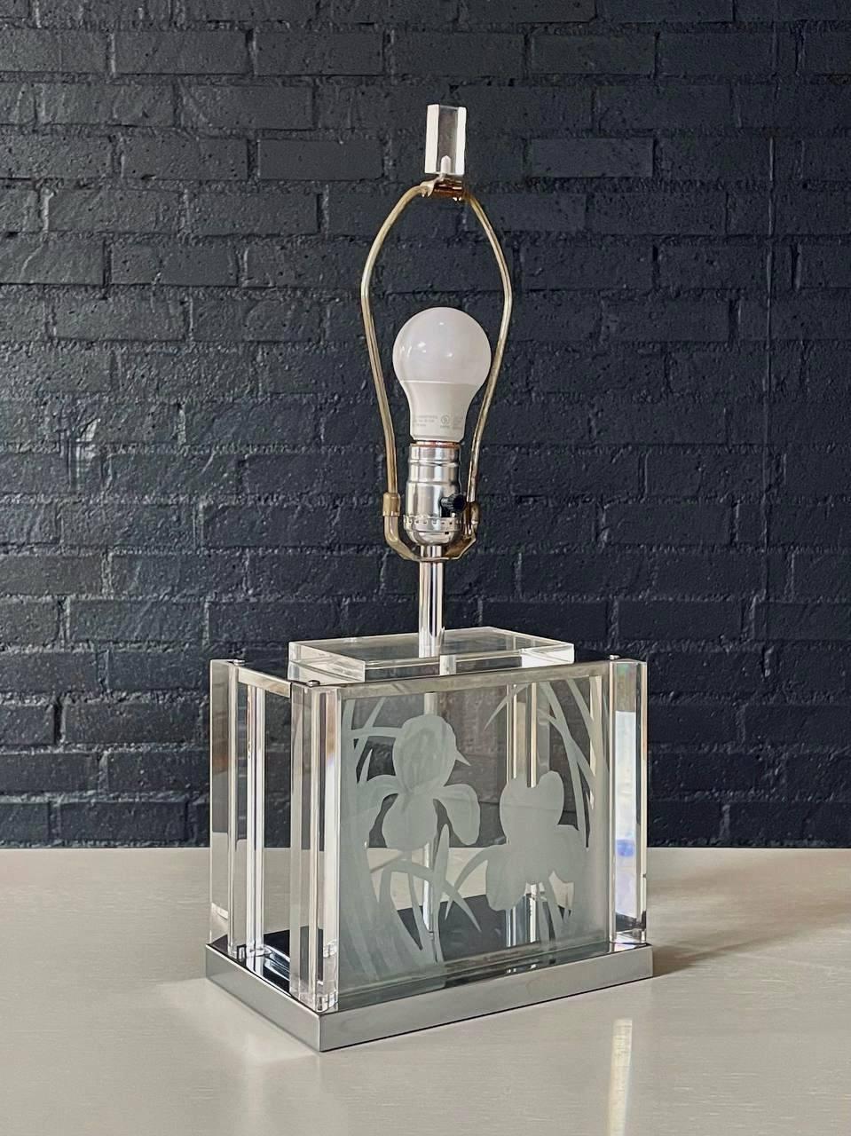 American Vintage Etched Glass & Lucite Table Lamp by Fredrick Ramond For Sale