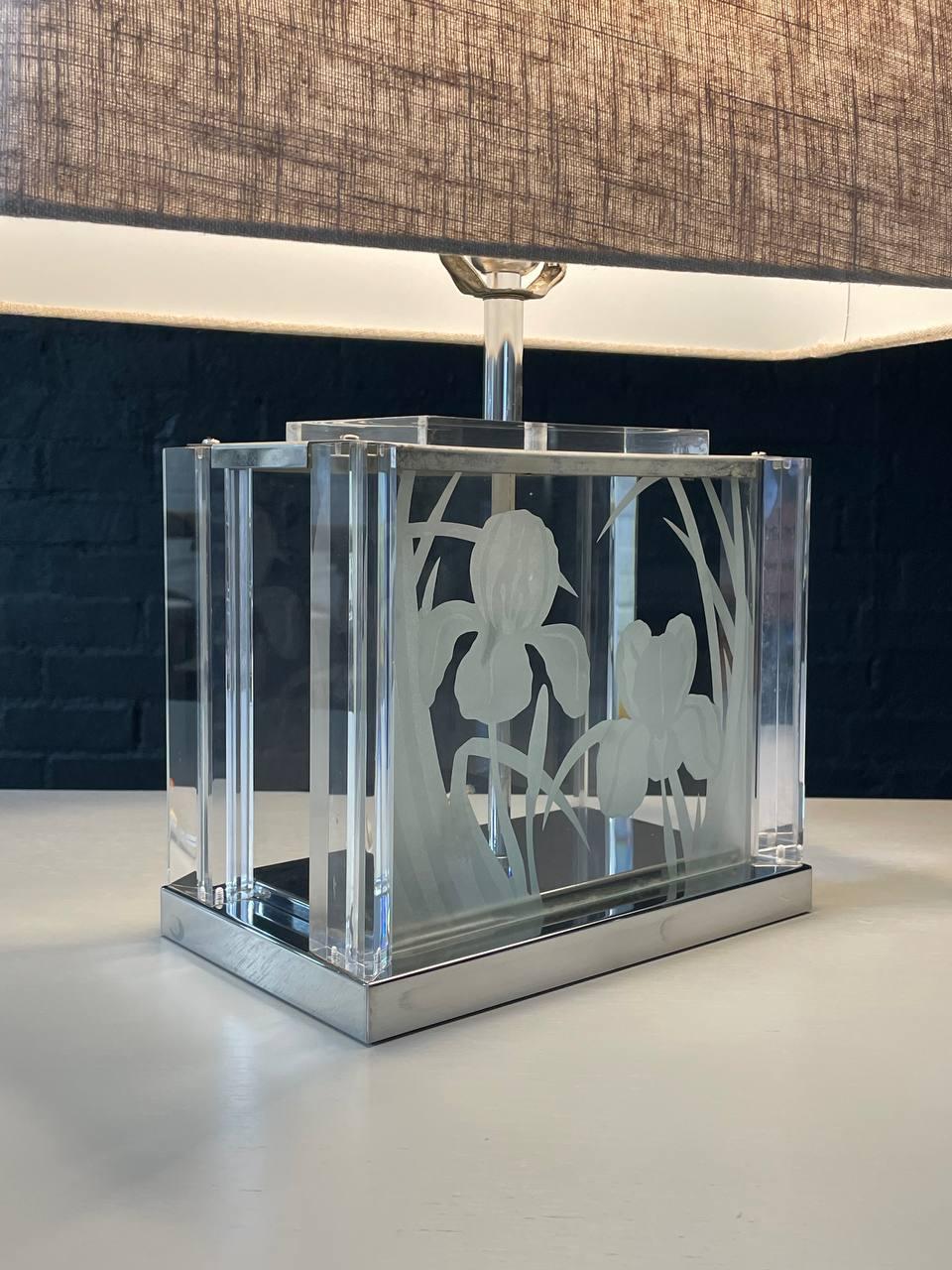 Late 20th Century Vintage Etched Glass & Lucite Table Lamp by Fredrick Ramond For Sale