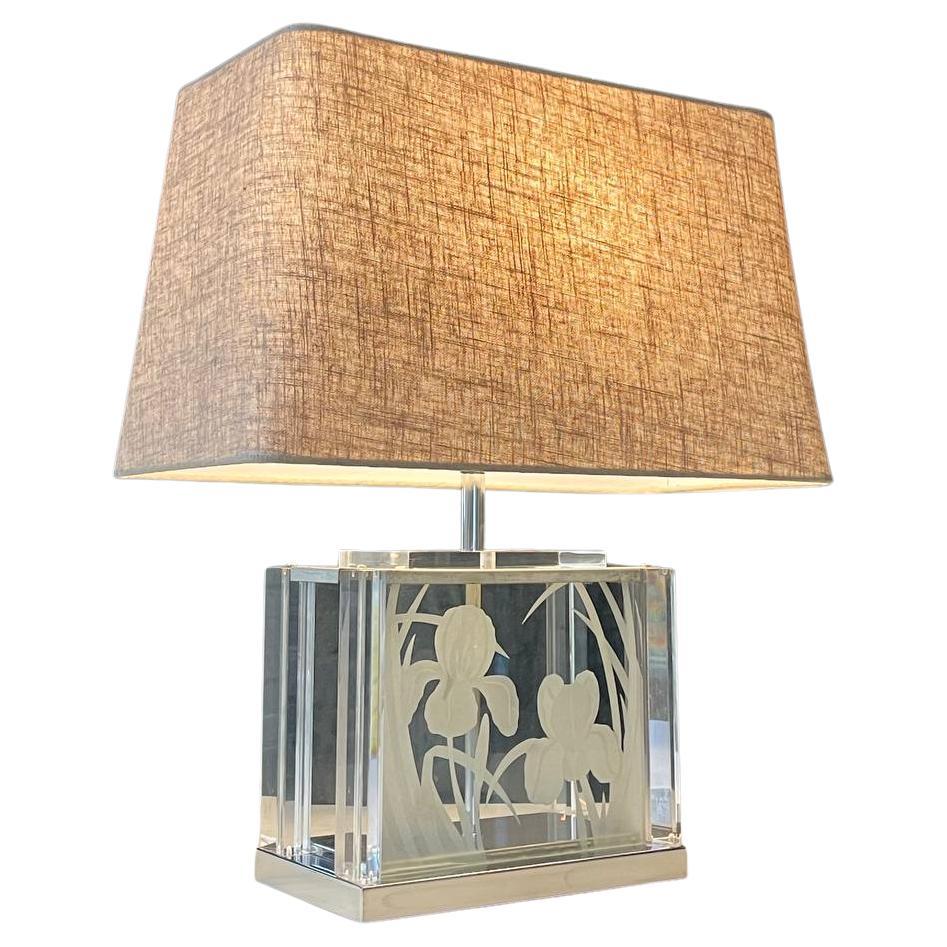 Vintage Etched Glass & Lucite Table Lamp by Fredrick Ramond