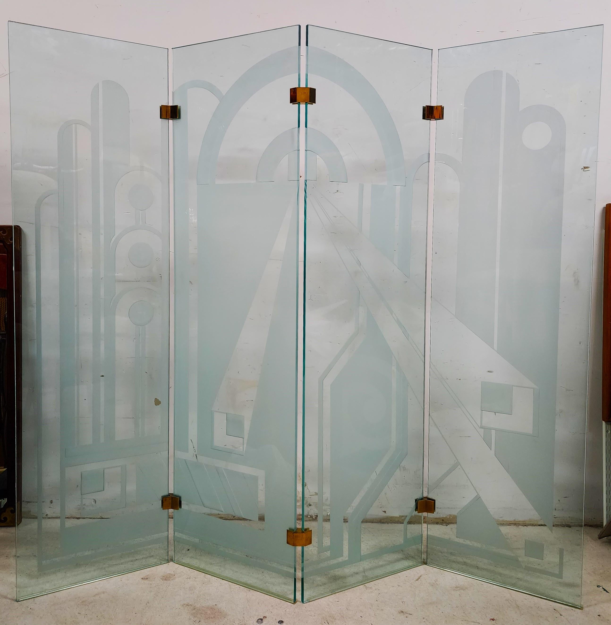 Offering One Of Our Recent Palm Beach Estate Fine Furniture Acquisitions Of A

Vintage 4 Panel Etched Glass Screen Art Deco Style

This unique four-panel etched glass room divider features opaque tinted glass with etched Architectural Art Deco