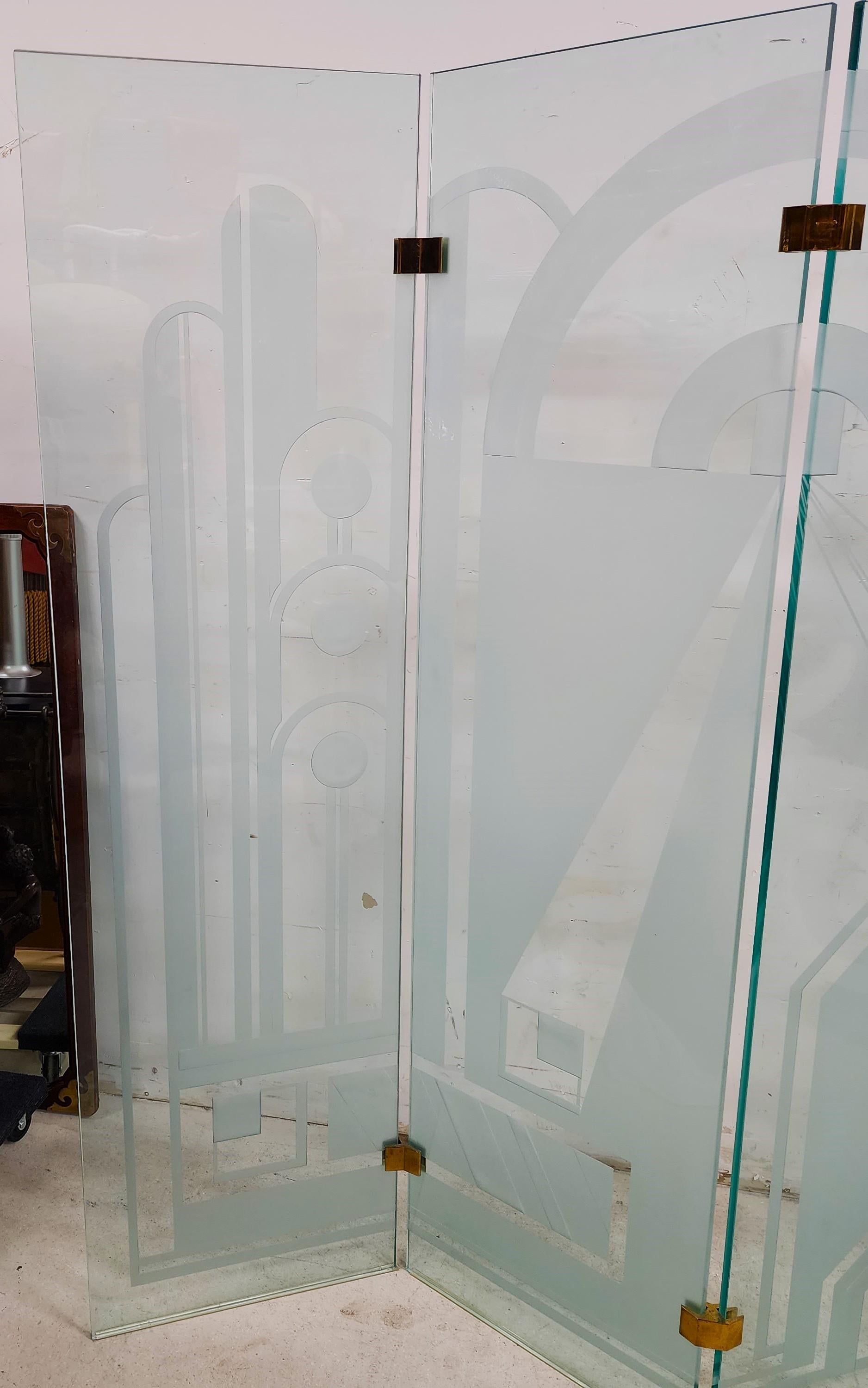 Paravent en verre gravé vintage Séparateur de pièce Bon état - En vente à Lake Worth, FL