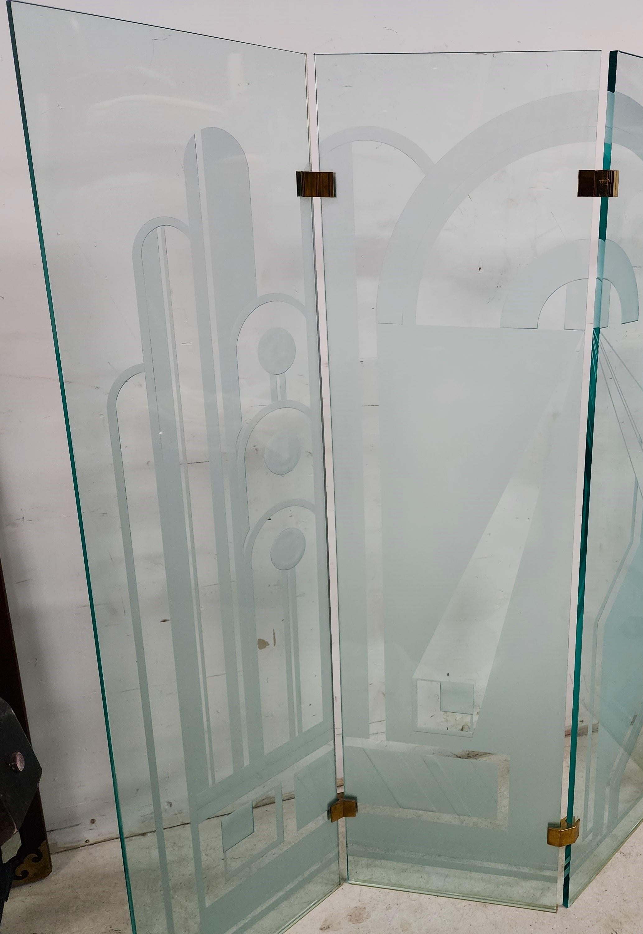 Art Deco Vintage Etched Glass Paravent Screen Room Divider For Sale
