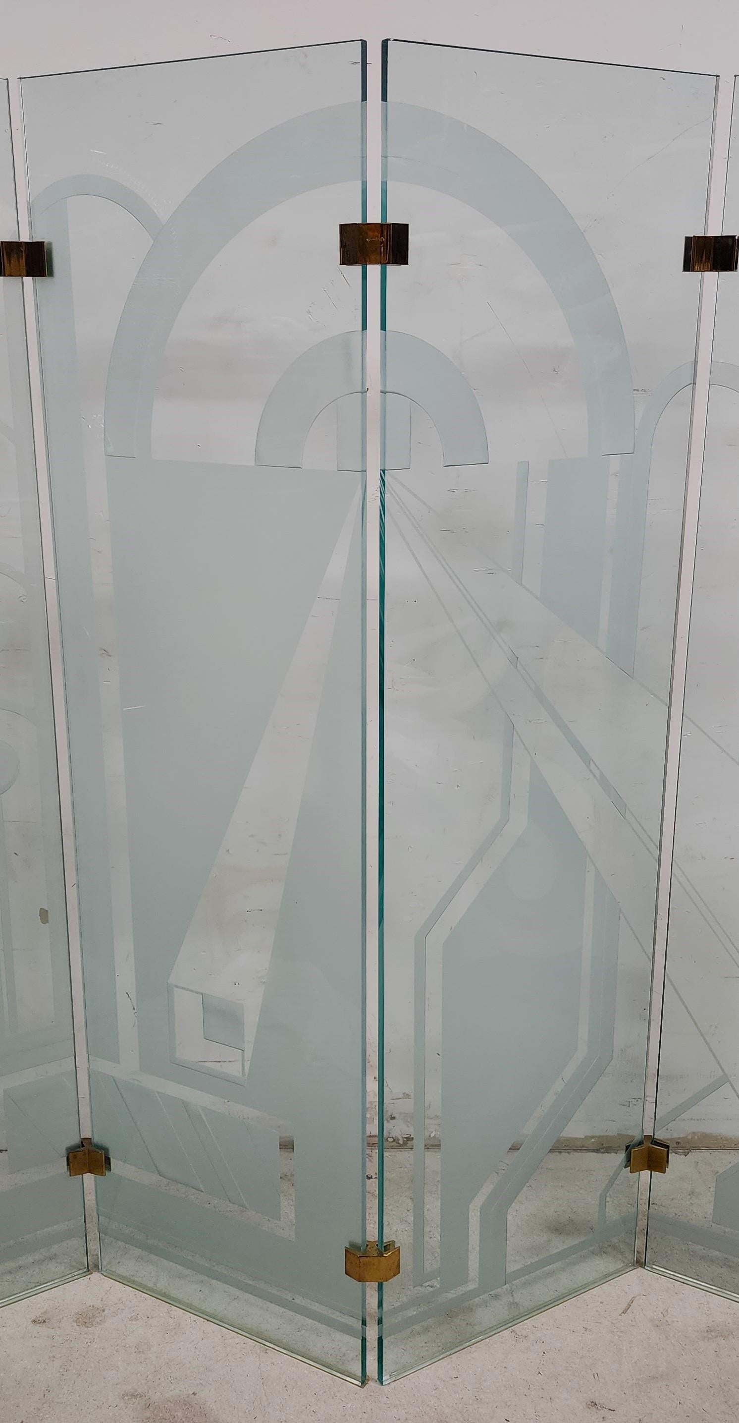 Vintage Etched Glass Paravent Screen Room Divider In Good Condition For Sale In Lake Worth, FL