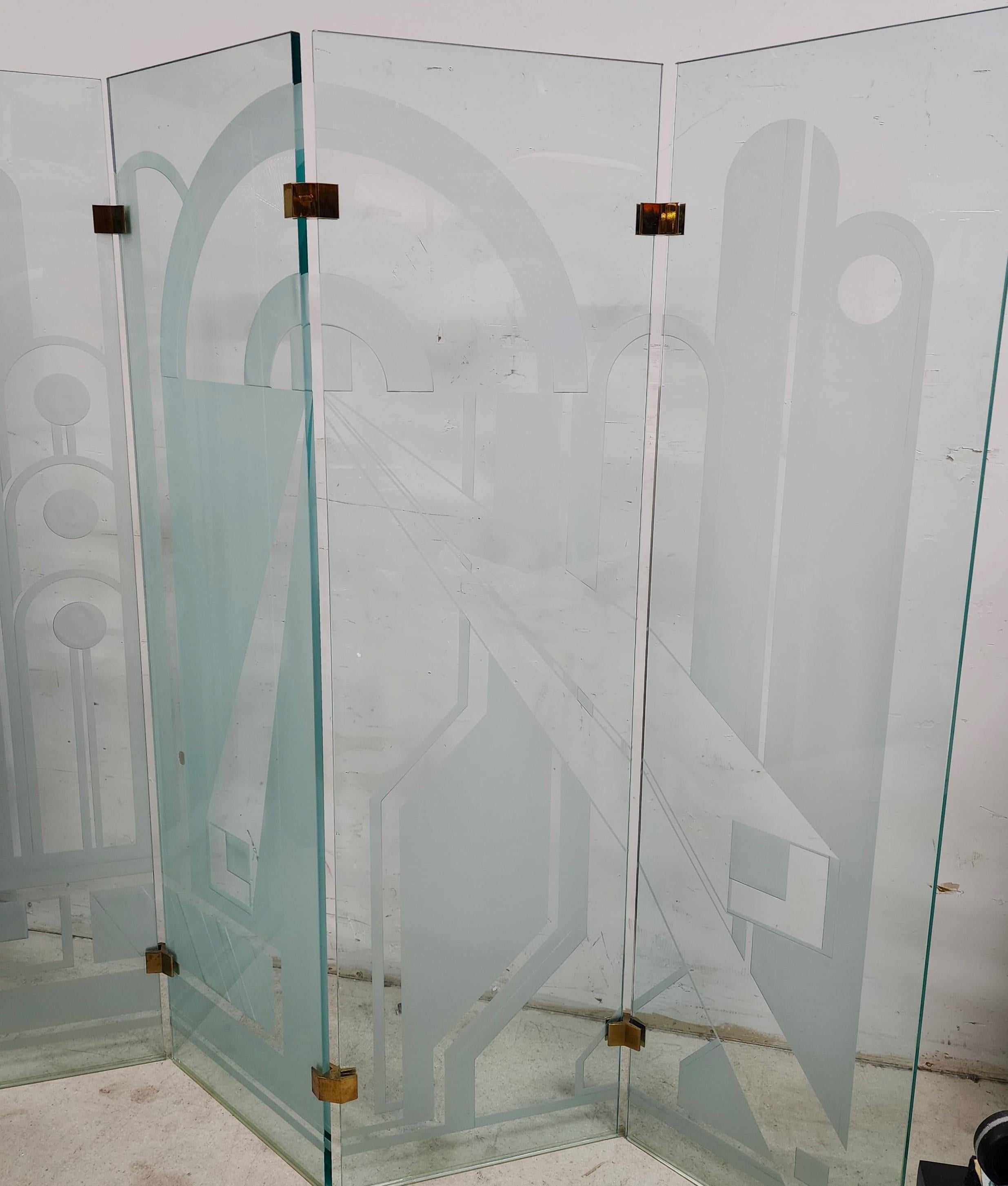Late 20th Century Vintage Etched Glass Paravent Screen Room Divider For Sale