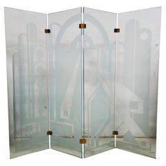 Vintage Etched Glass Paravent Screen Room Divider