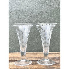 Vintage Etched Glass Trumpet Vases - A Pair
