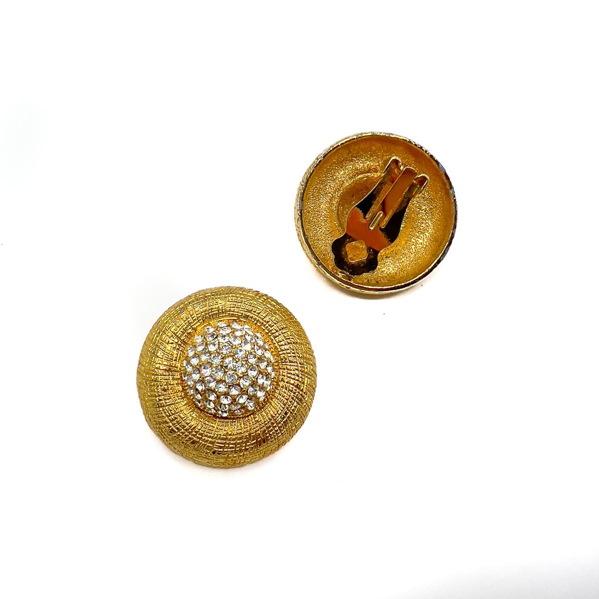 Women's Vintage Etched Gold & Crystal Dome Earrings 1970s For Sale