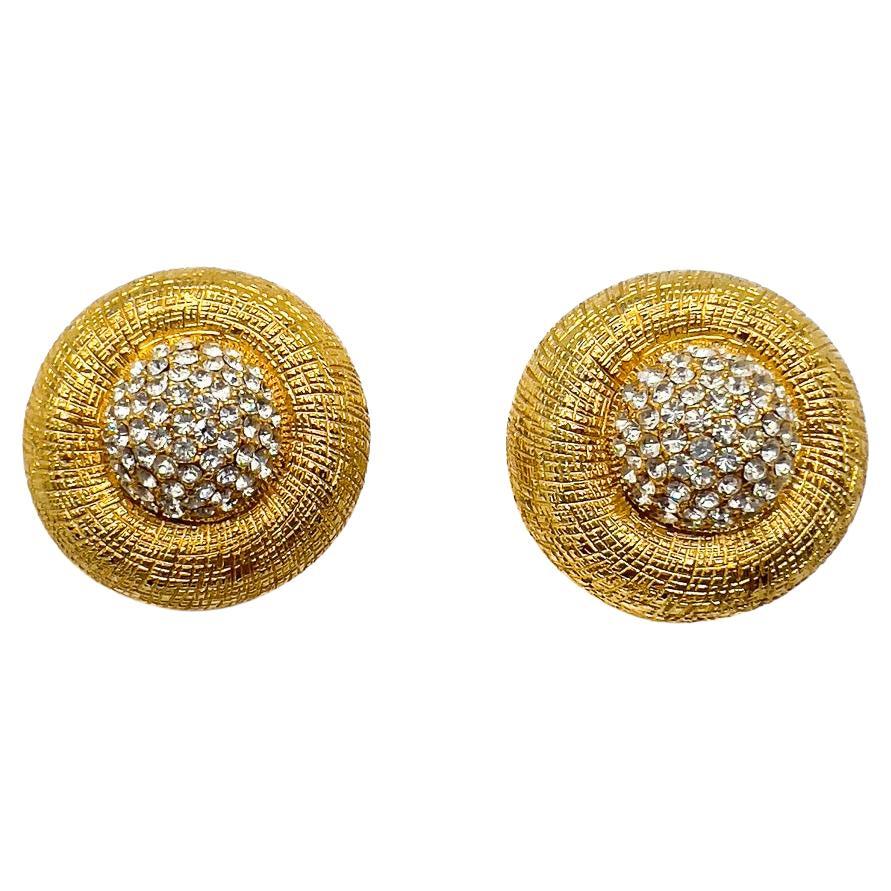 Vintage Etched Gold & Crystal Dome Earrings 1970s For Sale