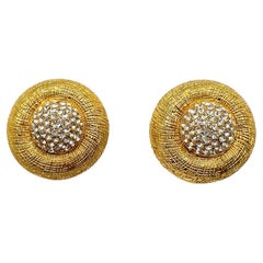 Vintage Etched Gold & Crystal Dome Earrings 1970s