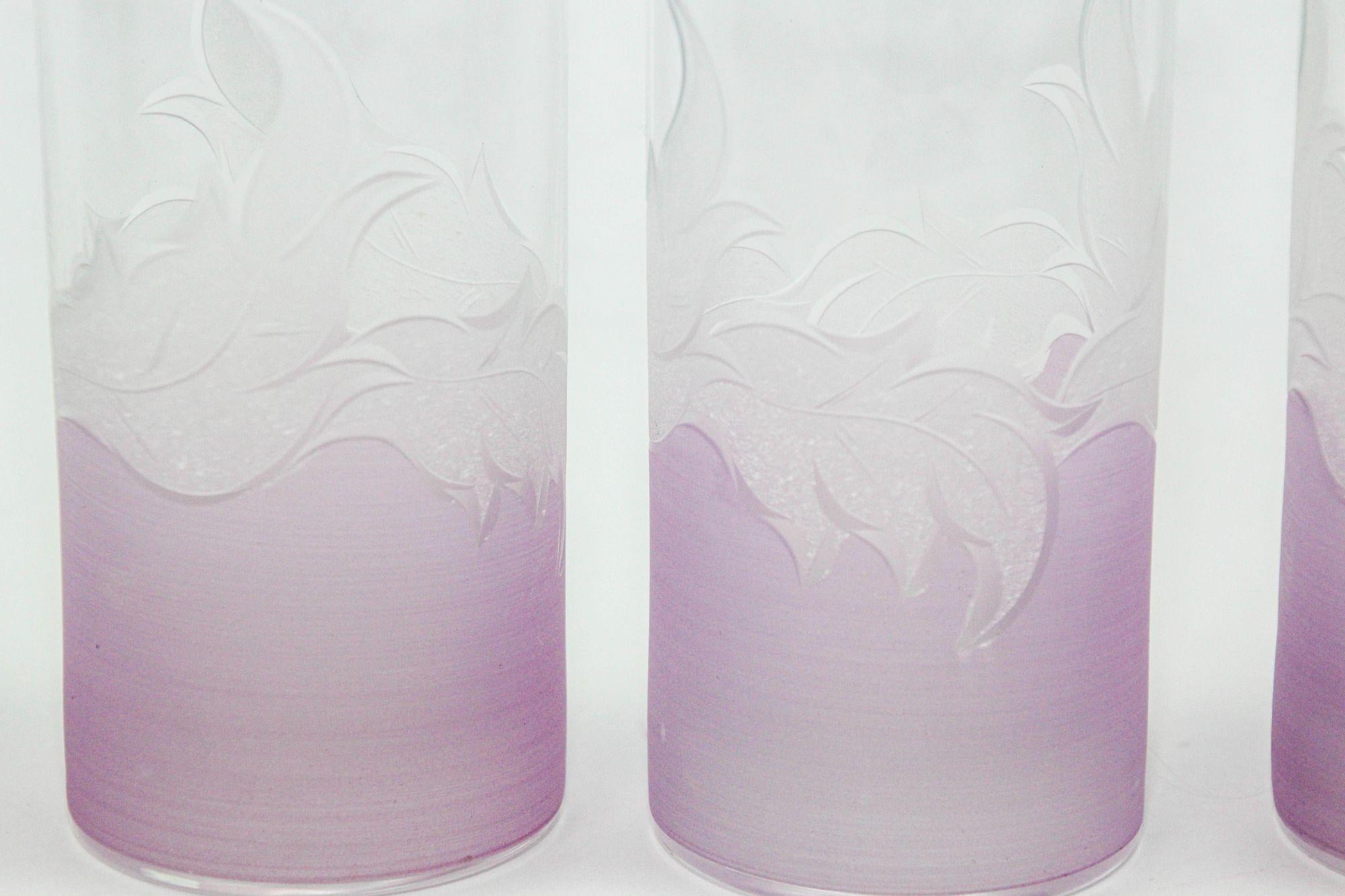 Vintage Etched Lily Highball Tumbler Glasses lilac Bohemia C For Sale 2