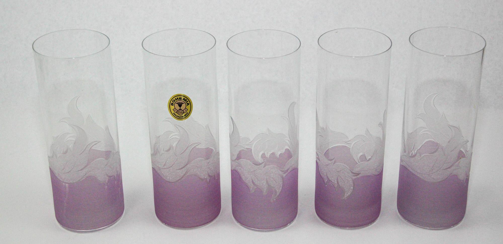 Vintage Etched Lily Highball Tumbler Glasses lilac Bohemia C For Sale 3